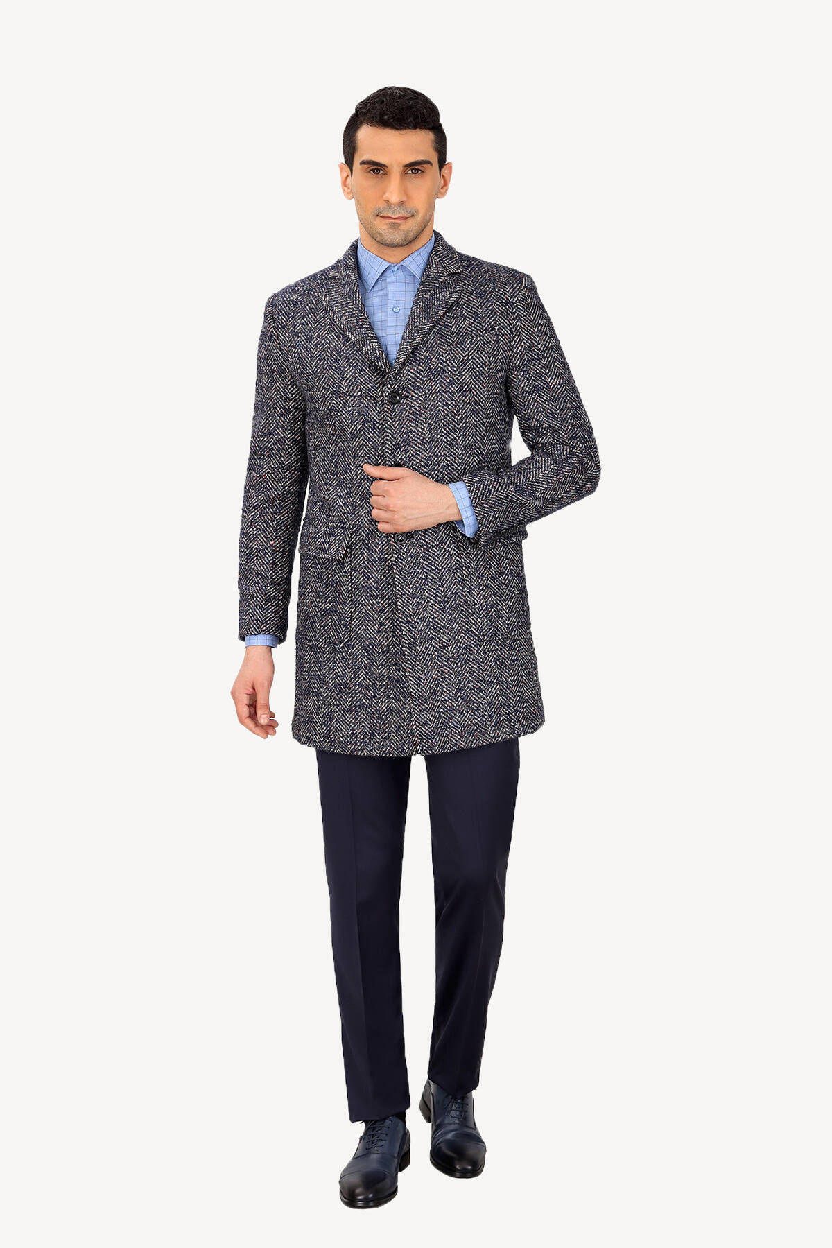Ysf Erkek Gri Regular Fit Balık Sırtı Desenli Palto — خاکستری M912818K004_GRİ-MAVİ