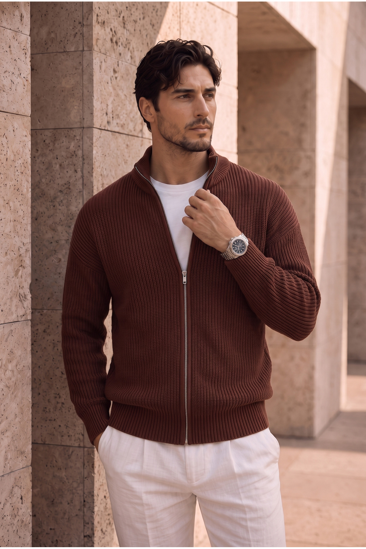 Woody Oversize Selanik Örme Fermuarlı Erkek Hırka- Kahve — قهوه‌ای DH10010 — تصویر 3 از 8