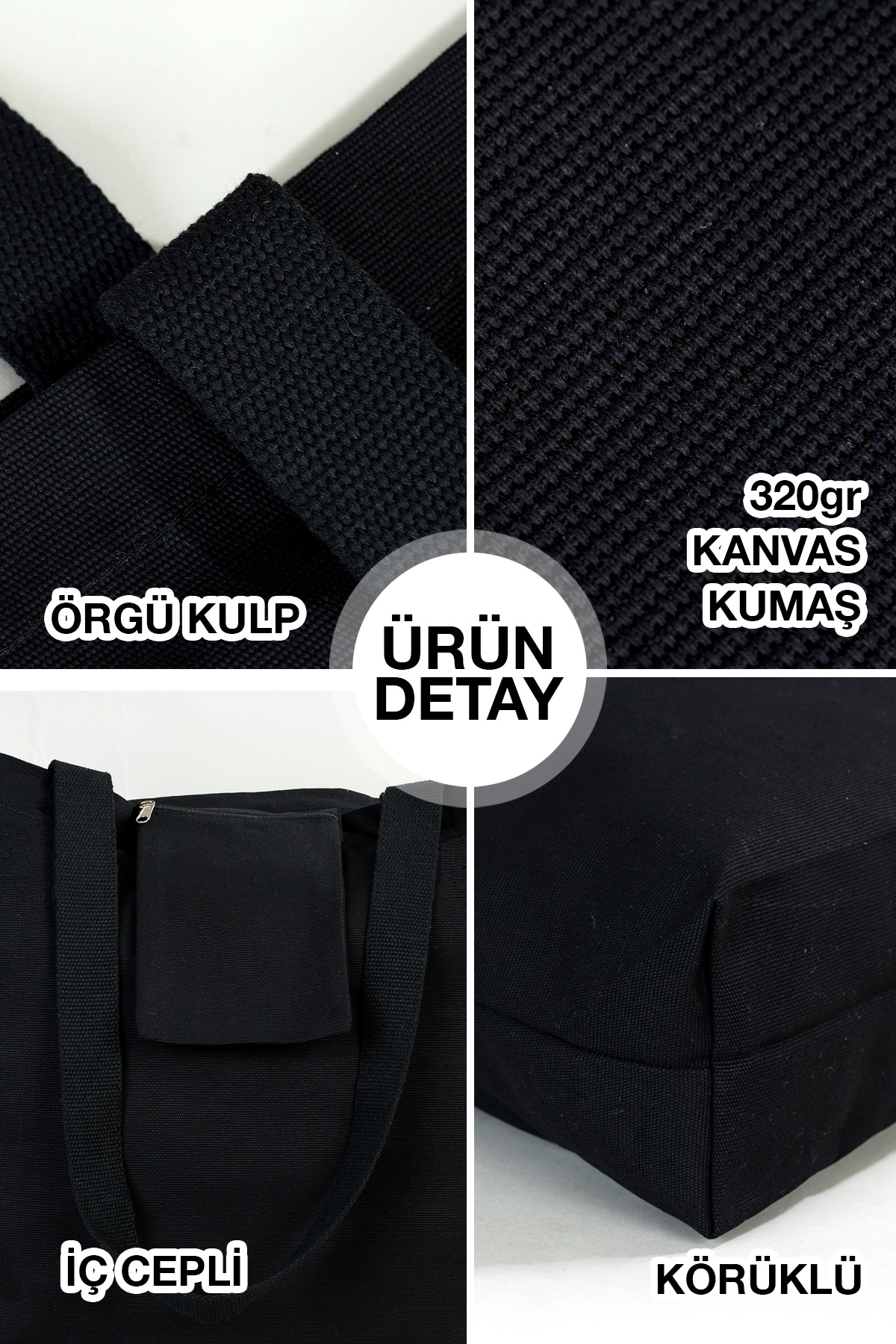 Bammerz Kanvas Alışveriş/plaj Çantası Iç Cepli Örgü Kulp | Siyah Kanvas Çanta | Büyük Boy Market Çantası görsel 3