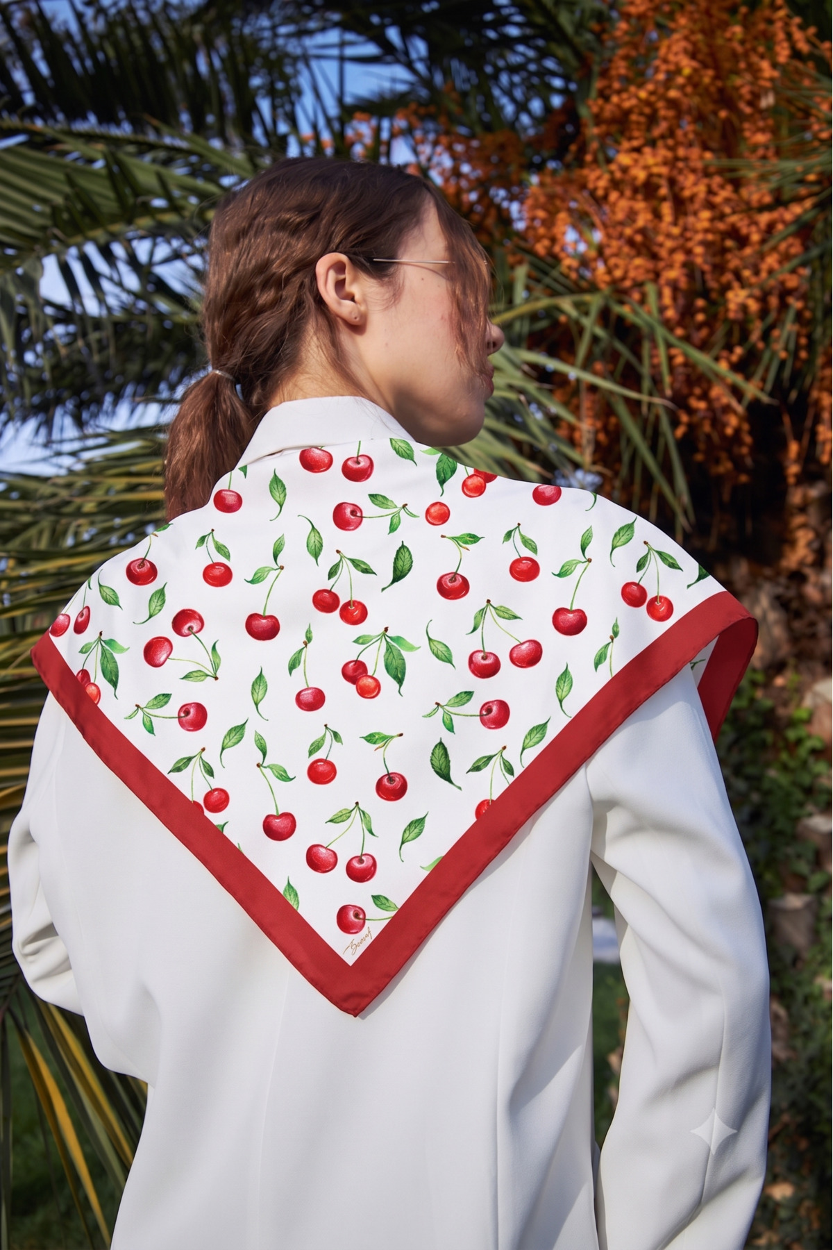 D scarf Kadın Kiraz Desenli Fular Bandana görsel 3