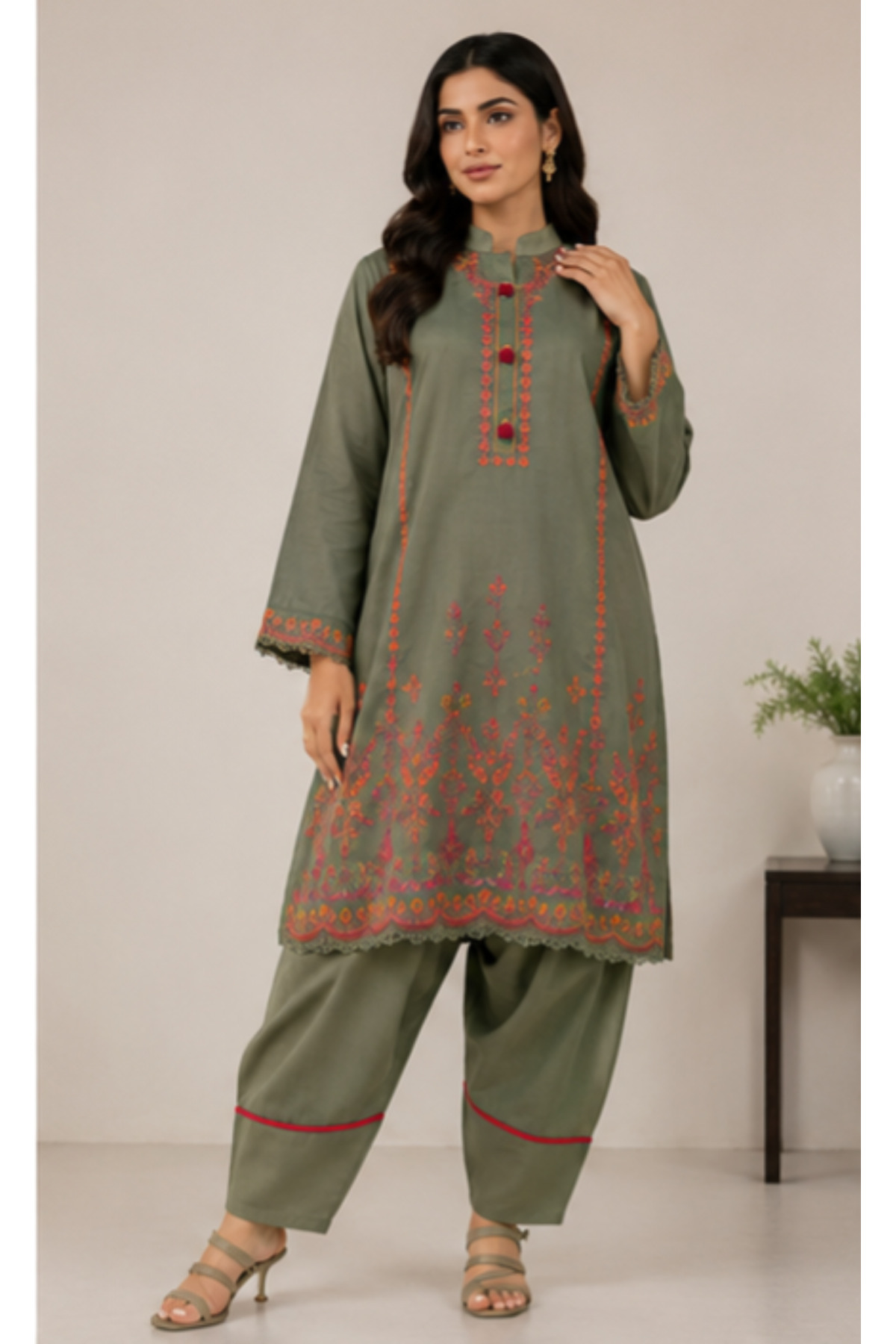 6TEEN Bismil Green Embroidered 2-Piece Traditional Suit