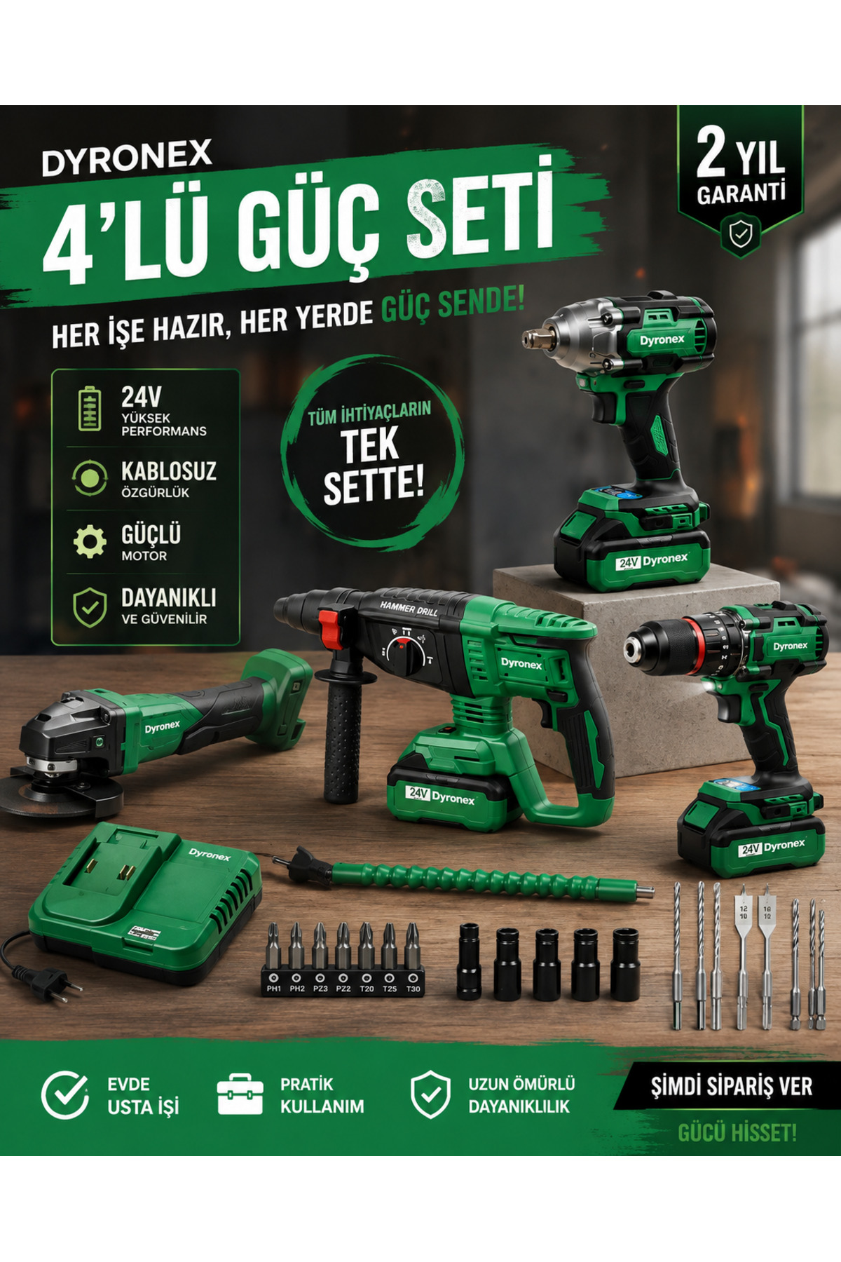 DYRONEX 24V Darbeli Kömürsüz 4'lü Set Kırıcı Delici Hilti-Taşlama