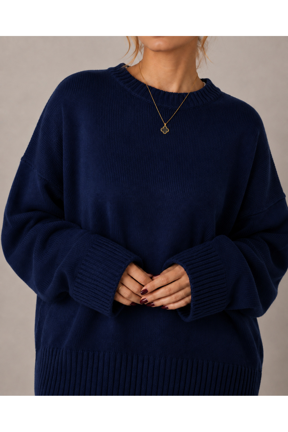 MODASPARK Lacivert Bisiklet Yaka Oversize Kadın Triko Kazak görsel 6