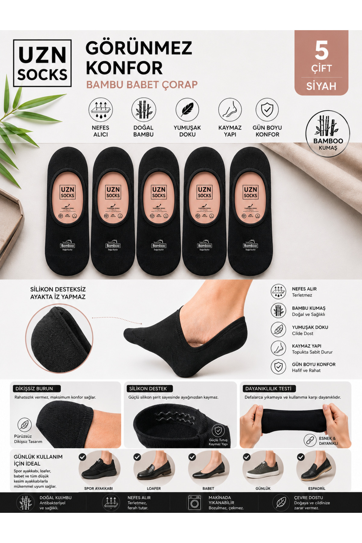 UZN SOCKS 5’li Siyah Dikişsiz Pamuklu Silikonlu Kaymaz Babet Çorap | Terletmez - İz Yapmaz