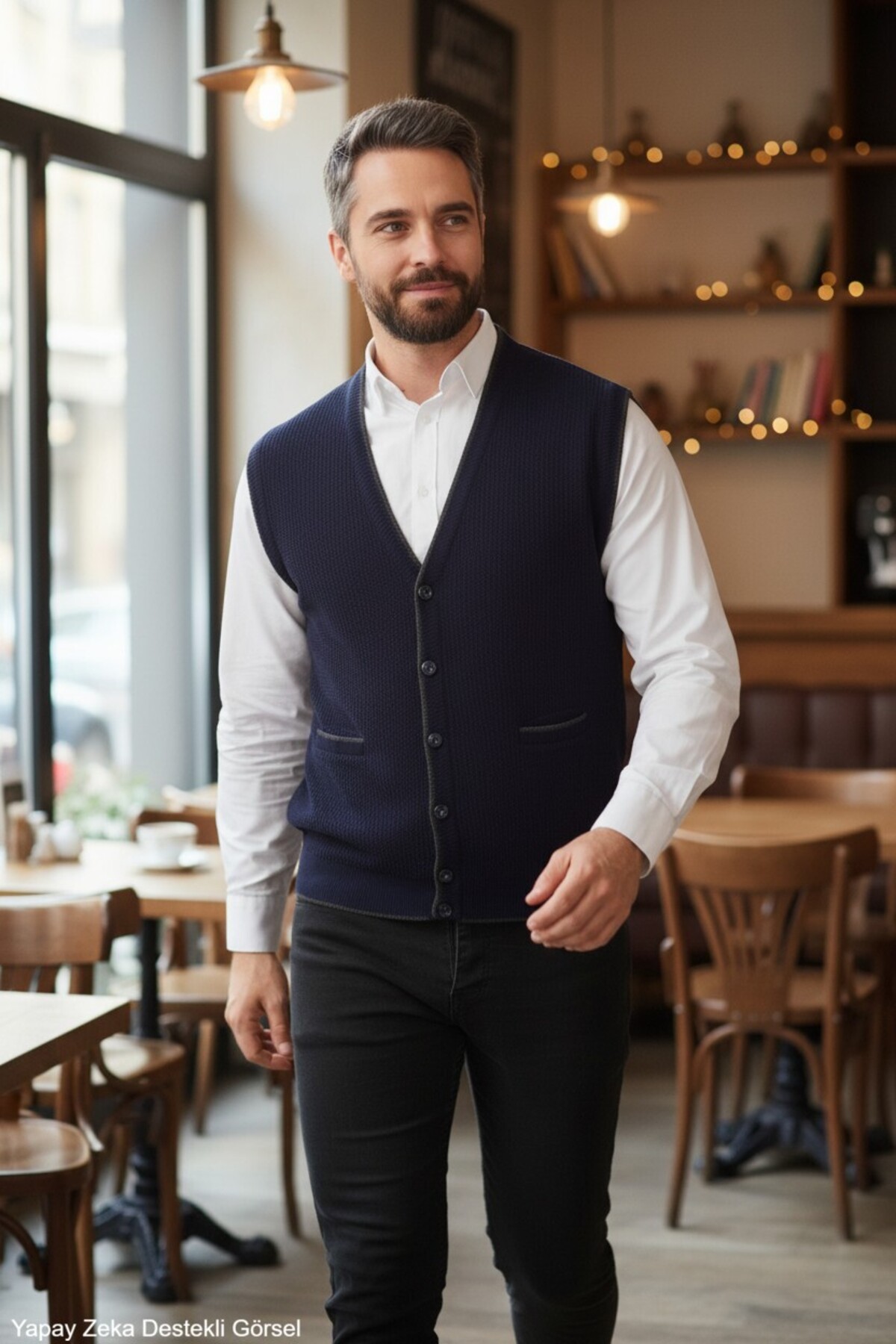 Kamalı Erkek Lacivert V Yaka Triko Düğmeli Cepli Çizgi Desenli Regular Fit Tüylenmeyen Örgü Yelek görsel 7