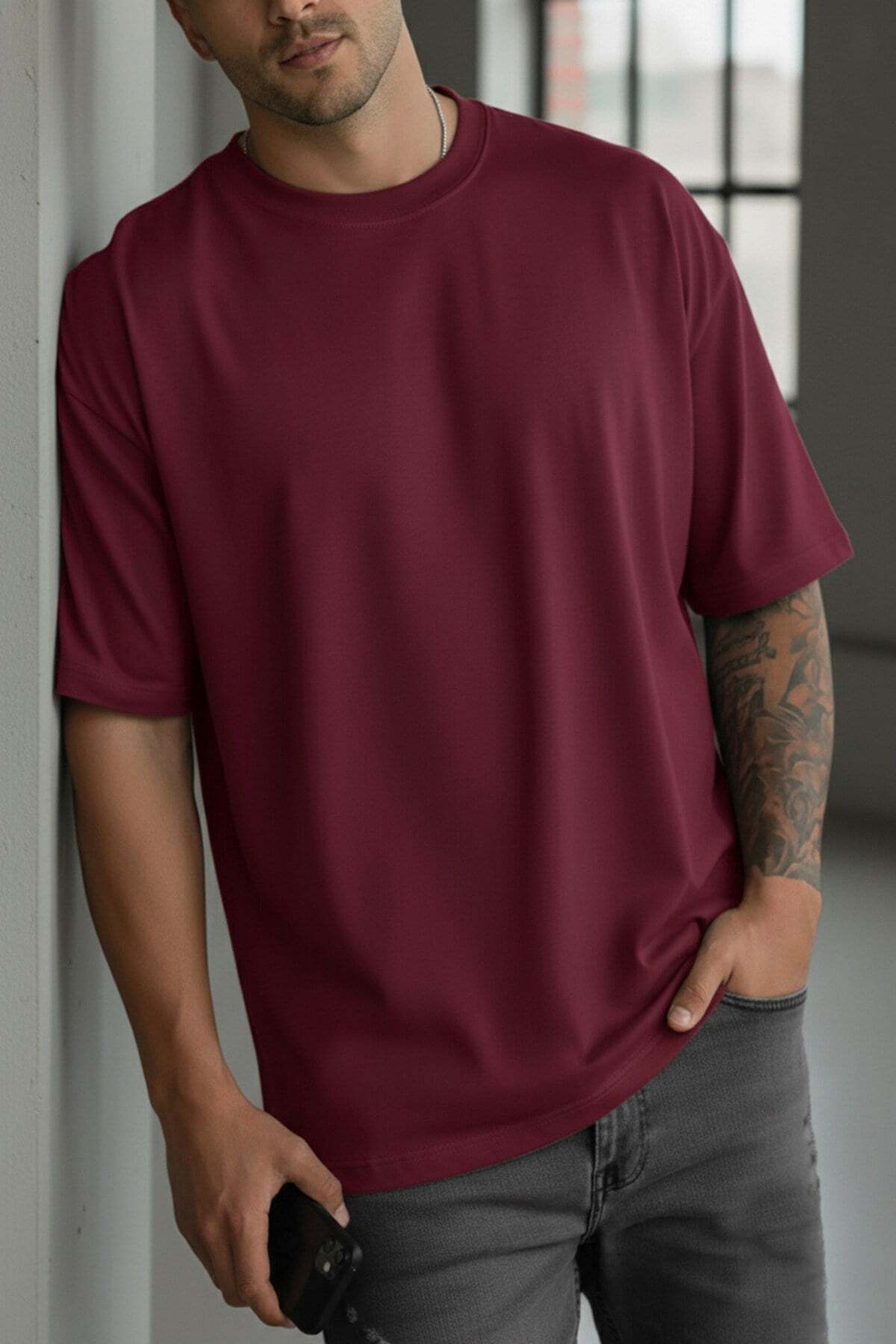 Teenage Millionaire Erkek Bordo Basic Düz Baskısız Oversize Salas T-Shirt