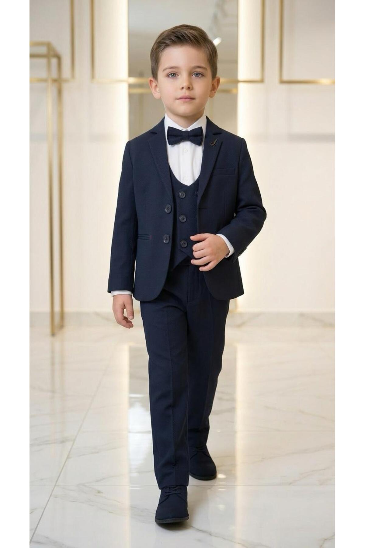 Terry Boy's Tuxedo Suit with Ponterizli Jacket / Jacket, Pants, Vest, Shirt and Bow Tie