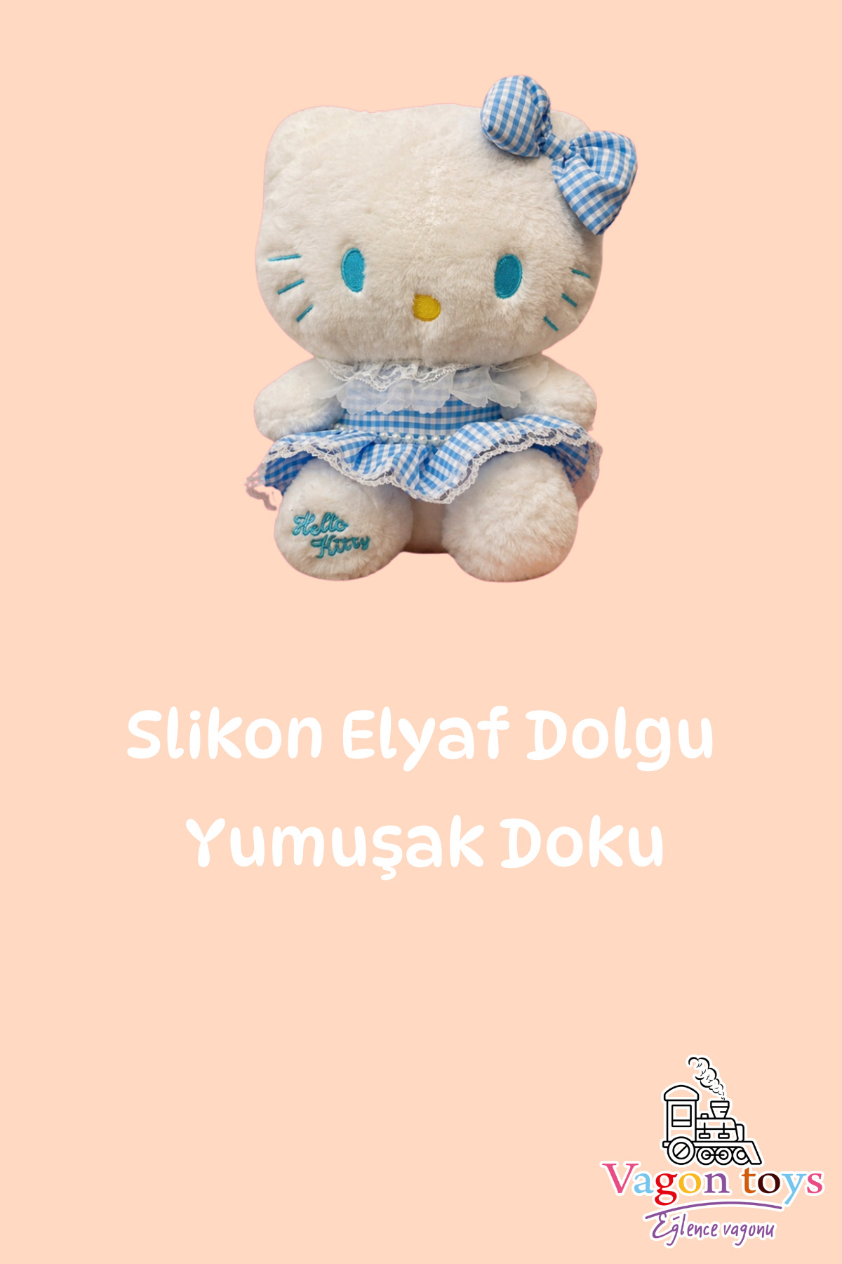 vagontoys Hello Kitty Kedi - Hello Kitty Peluş Oyuncak Mavi Ekose