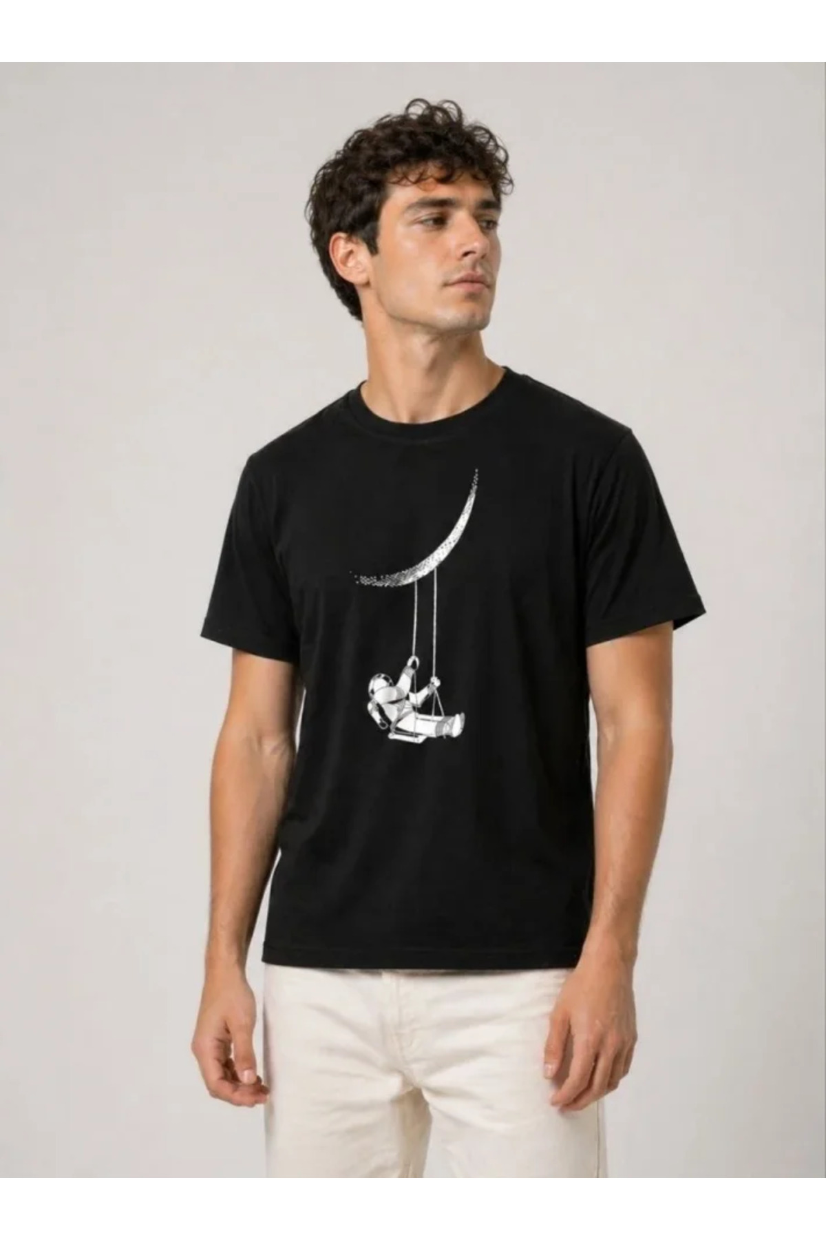 Erkek Astronot Ay Temalı Tişört Kısa Kol Yazlık Bisiklet Yaka T-Shirt - Siyah