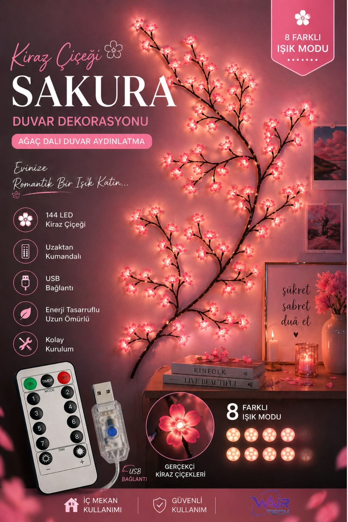 Wair Teknoloji Kiraz Çiçeği Sakura LED Duvar Dekoru – 144 LED Ağaç