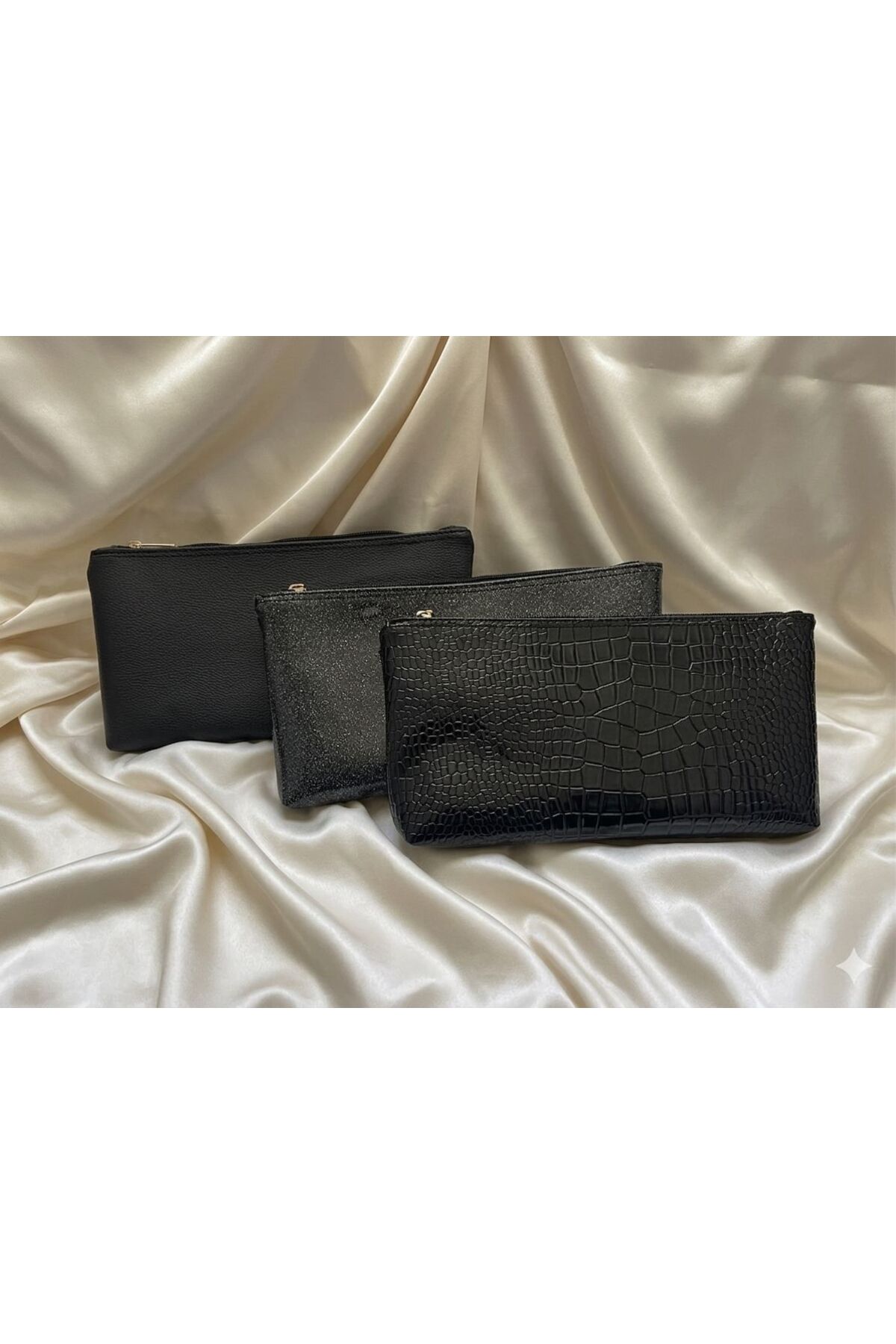VELORİA BAG & SCARF Veloria Siyah 3 ADET Kadın Portföy El & Makyaj Çantası - Şık Gece Çantası - Clutch