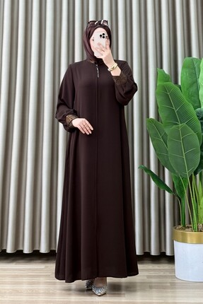 mercan moda HAVVA FERACE Rabia Kumaş Diemsi Taş Kadın Kahverengi Boydan Fermu...