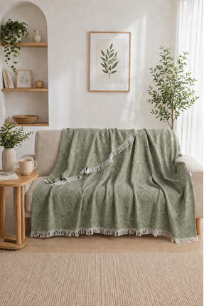 luxeinci Siena Haki Yeşil Koltuk Örtüsü Şalı 170x210 cm Saçaklı