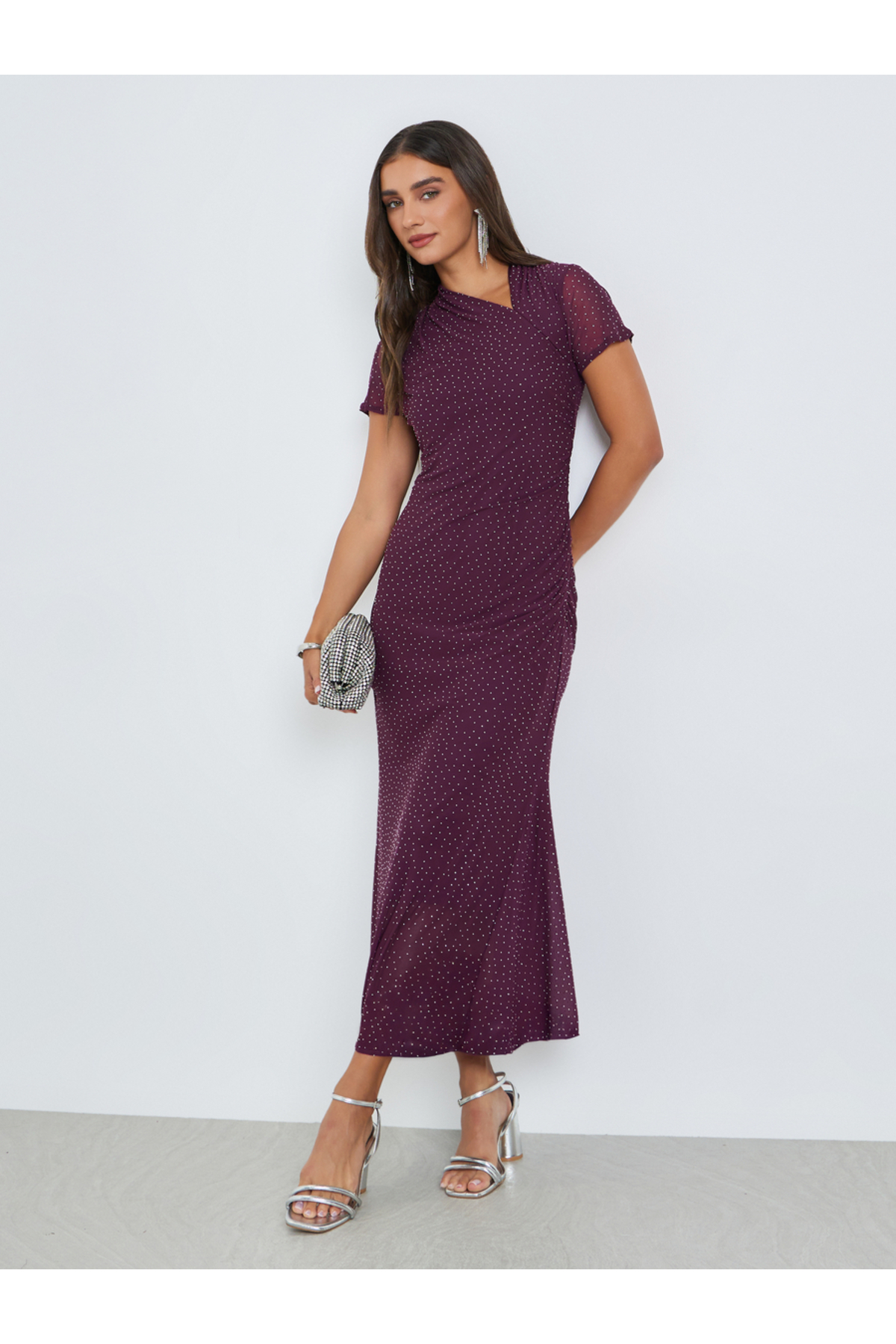 Styli Purple Embellished Sheath Midi Evening Dress