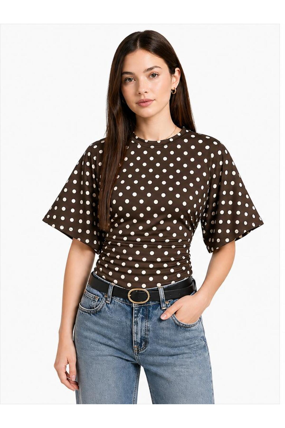 Waist Fit Crew Neck Polka Dot Stretch Fabric Digital Print Blouse