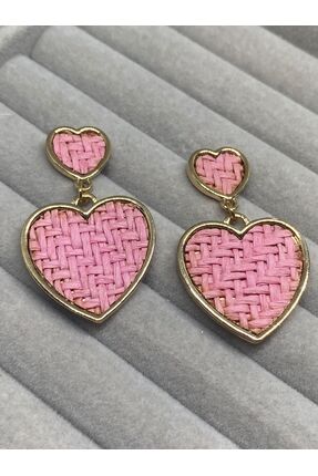 Kaan Accessoire Kadın Gold Kaplama Pembe Hasır Örgü Kalp Figürlü Sallantılı Küpe