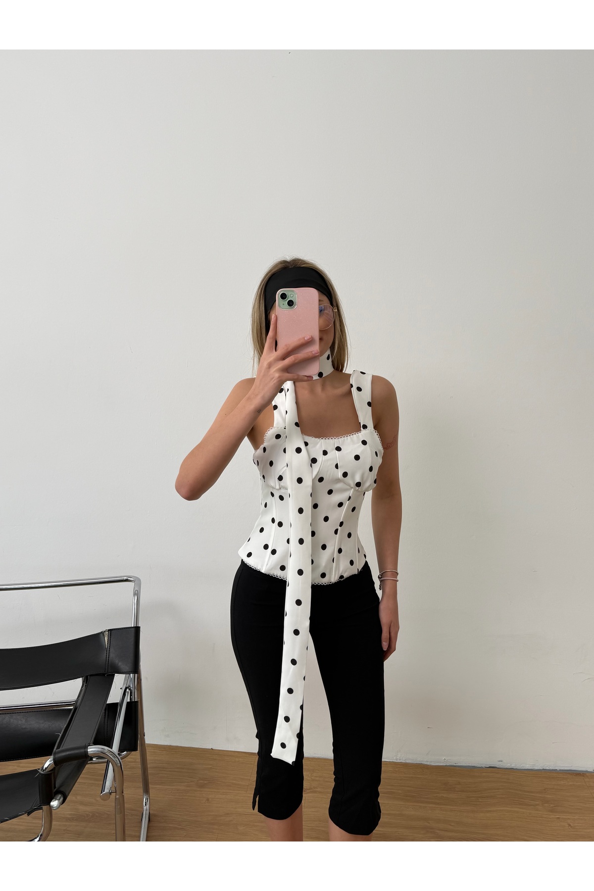 Zey Studio Women's White Polka Dot Corset Blouse with Scarf- Trendyol