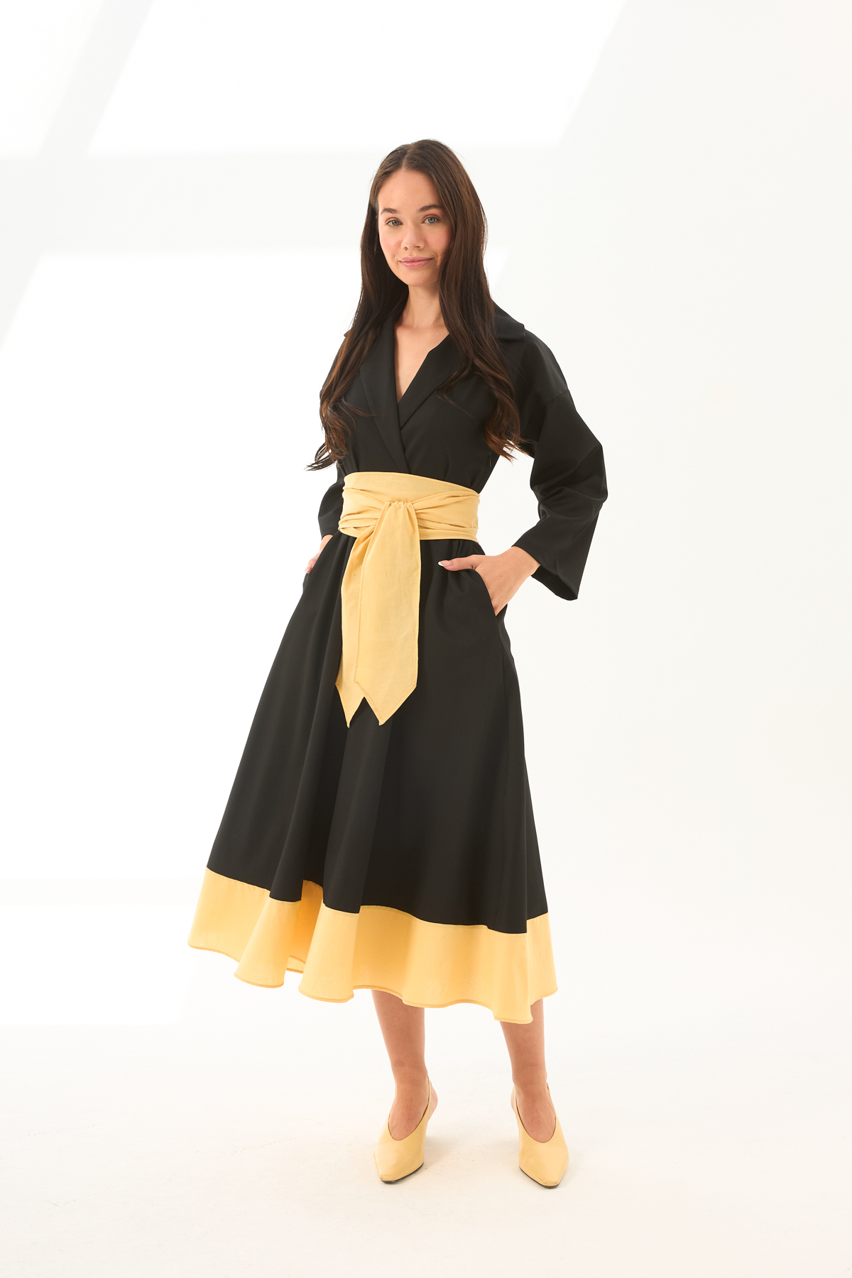 LADYA COLLECTION Black and Yellow Skirt Hem Detailed Belted Jacket Collar A-Line Cotton Midi Dress