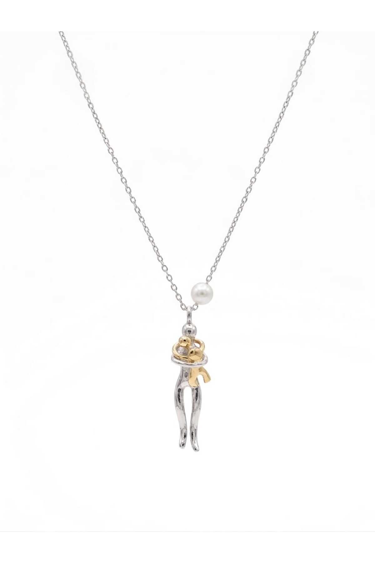 Nefertiti 925 Ayar Gümüş Gold Rodaj Kaplama Sevgi Beraberlik Anne Çocuk ve Anne Bebek Kolye görsel 4