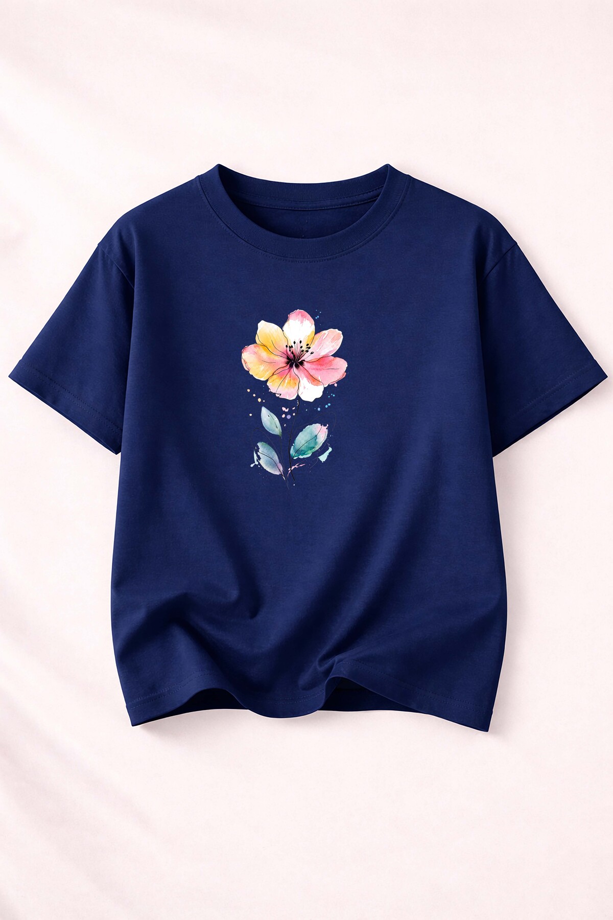 Women's Crew Neck Cotton T-Shirt with Colorful Flower Print Detail
