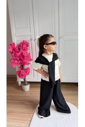 shop SİYAH FULAR BAĞLAMA DETAYLI T-SHIRT GENİŞ PAÇA PANTOLON KIZ 2’Lİ TAKIM