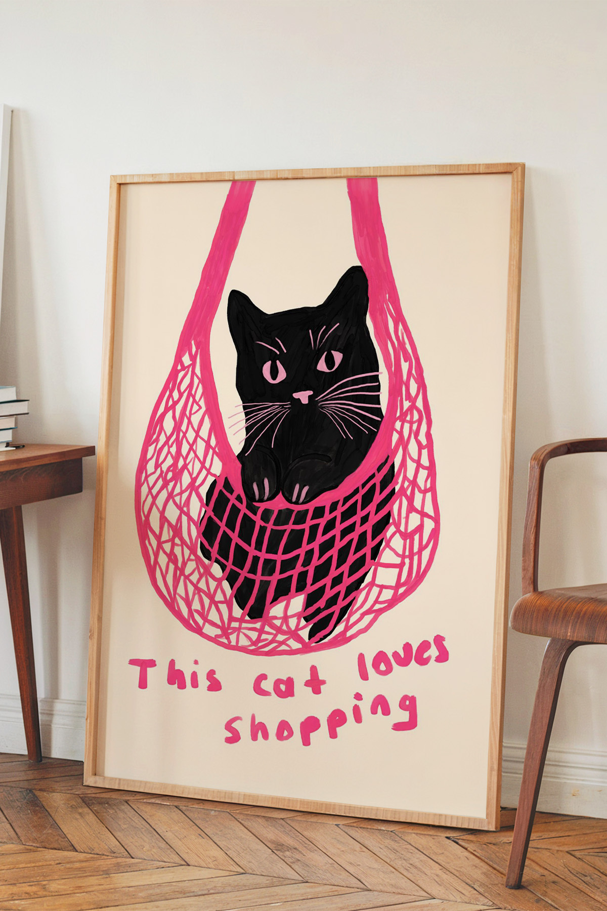 Siyah Kedi Tablo Poster Mizahi Modern İllüstrasyon Duvar Dekoru Çerçevesiz