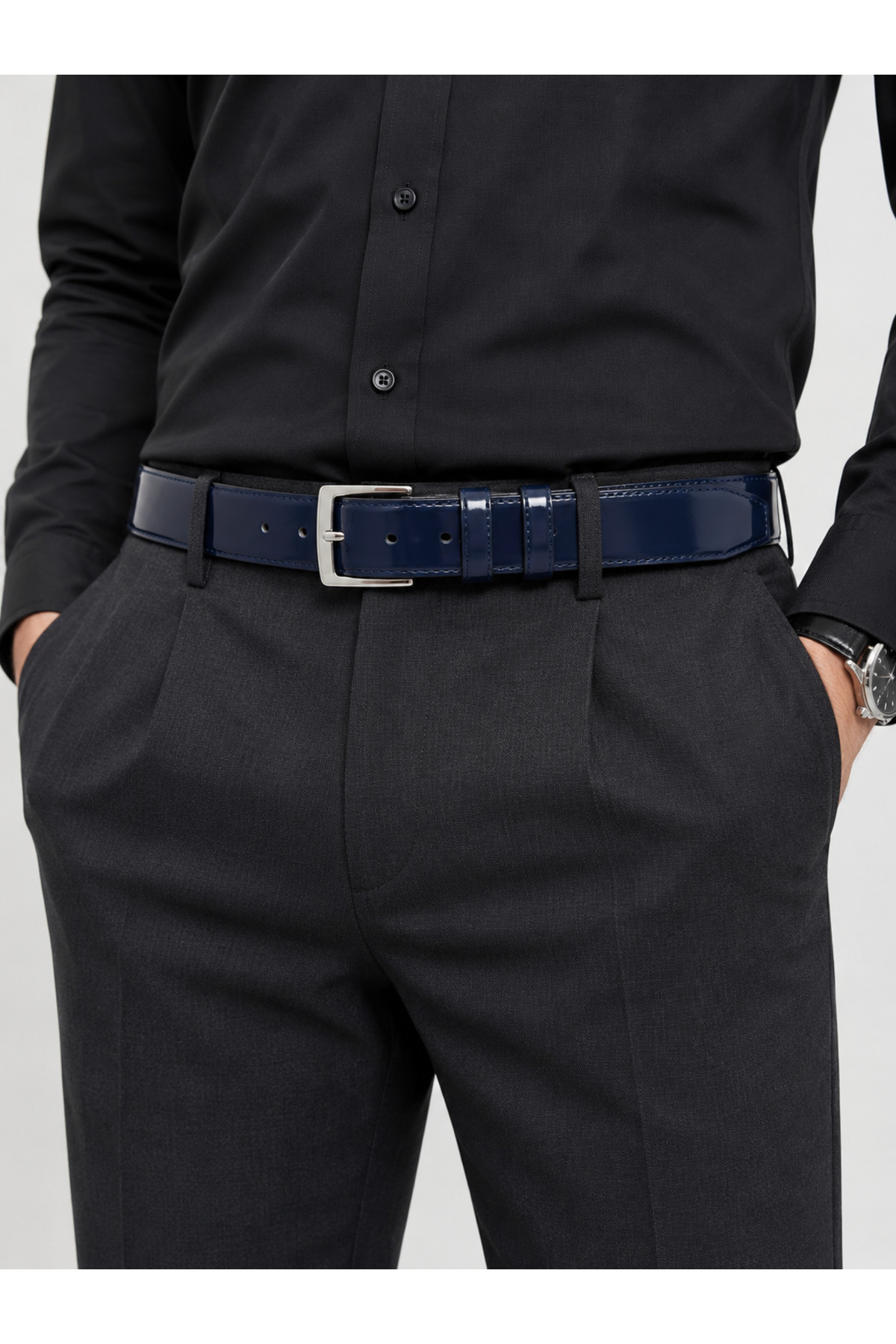 kemer krallığı Erkek Kemer 4 cm Lacivert Rugan Spor Kemer, Tüm Pantolonlara Uygun