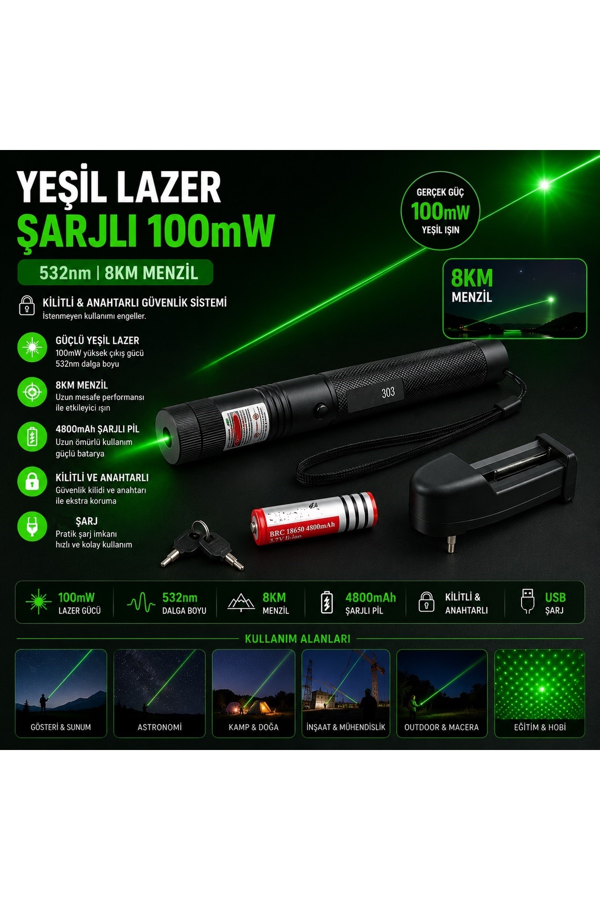 Tastech Laser 303 Yeşil Lazer Şarjlı 100mw 532nm 8km Menzil