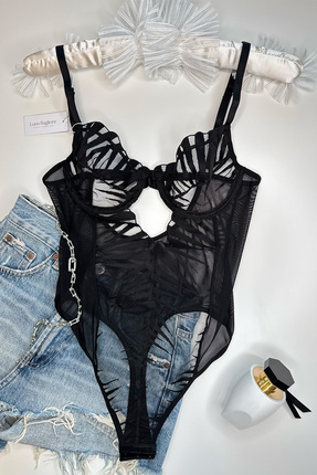 Luna Bagliore Zebra Desenli Tül Detaylı Siyah Transparan Bodysuit
