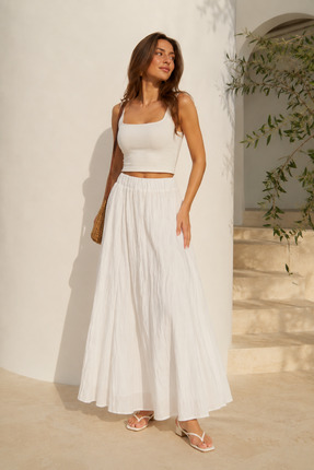 shop Kadın Beyaz Vual Kumaş Kırışık Beli Lastikli Uzun Astarlı Etek