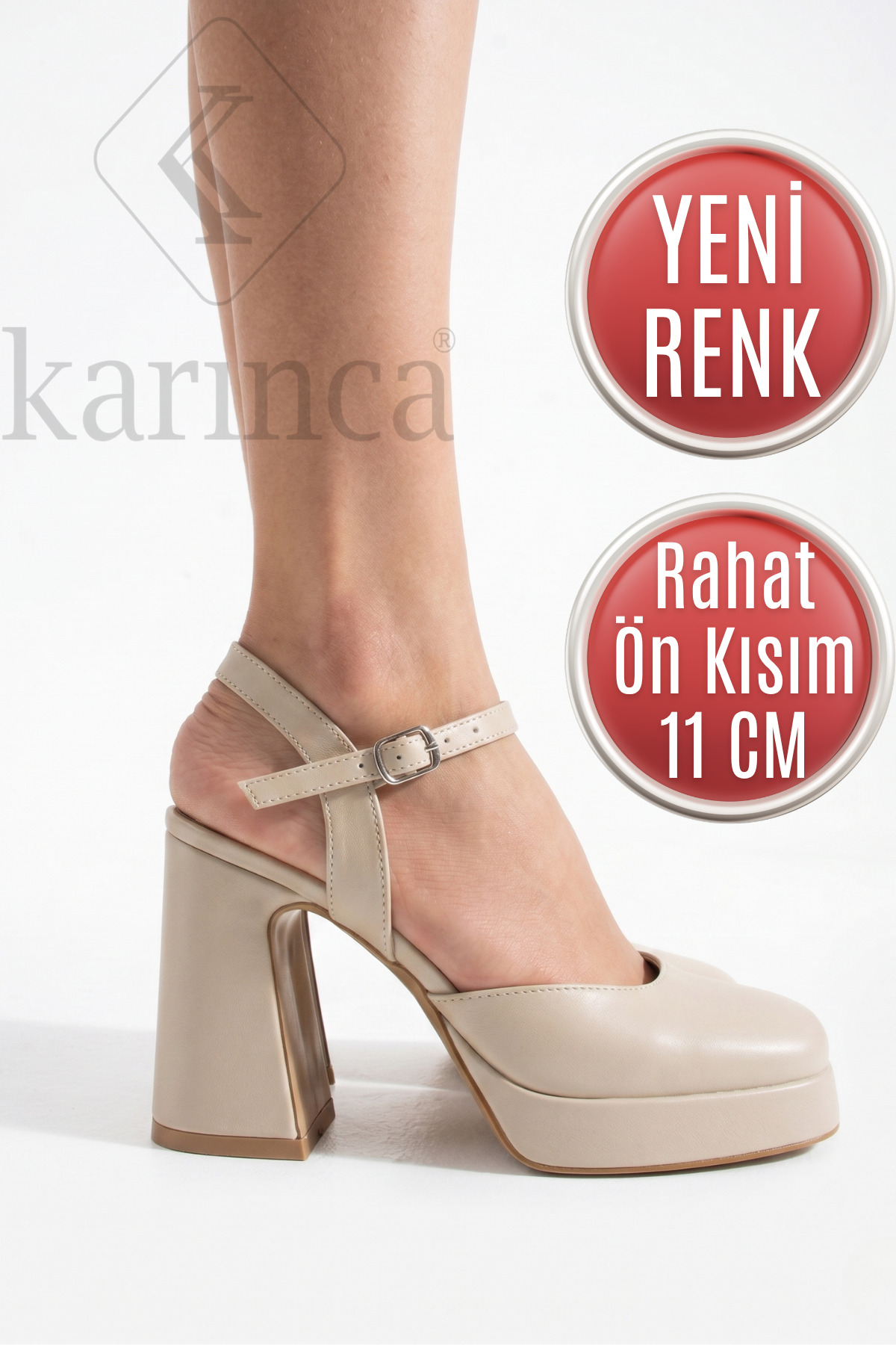 Ten Krem Deri Abiya Ayakkabı, Kalın Topuklu, Önü Kapalı, 11cm