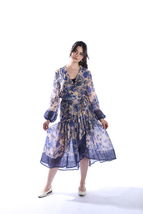 Tasarım GIPSY LILAC Model Çiçek Desenli Yaka ve Eteği Fırfırlı Uzun Kimono El...