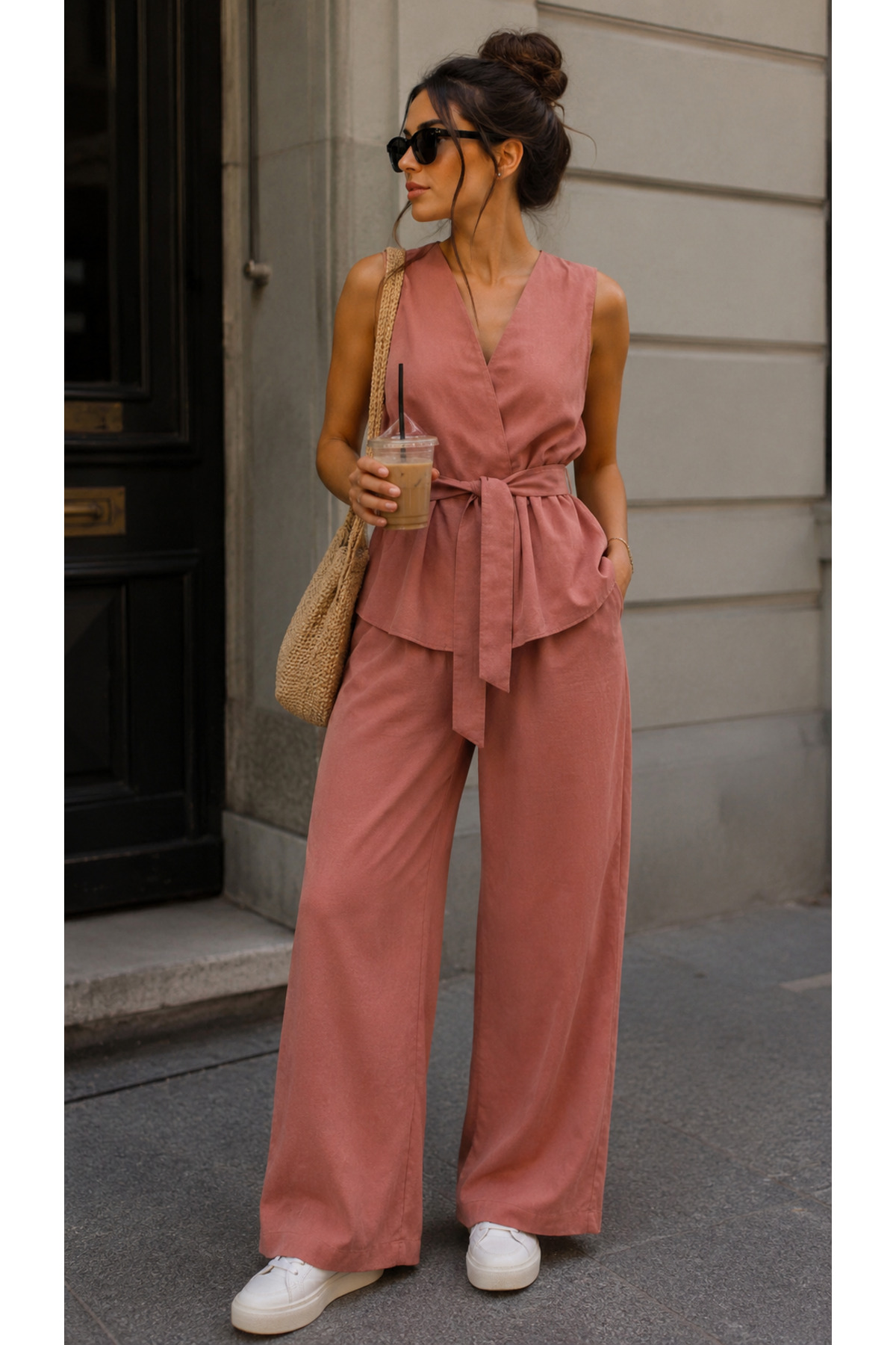 get crazy collection Set de pantaloni și vestă cu curea din țesătură modal