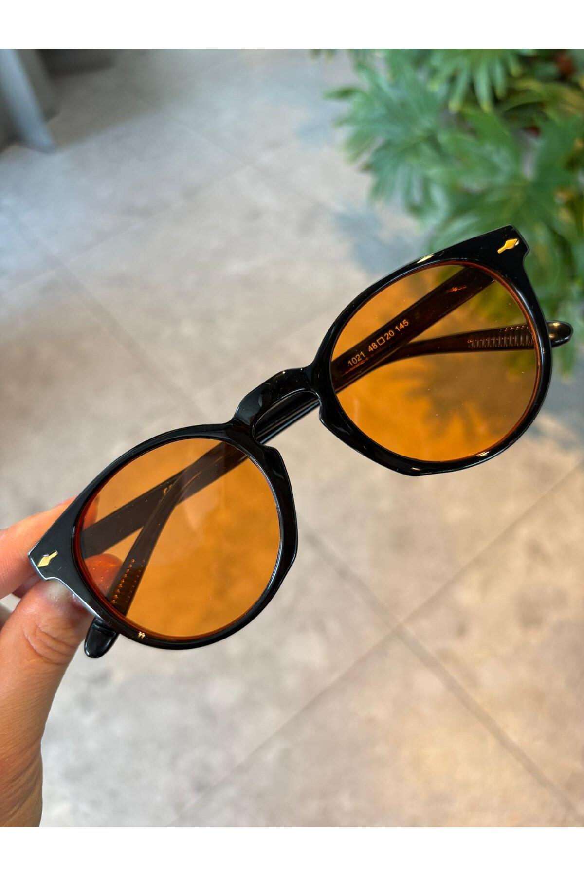 funeyes Brina Yuvarlak Unisex Siyah Turuncu Camlı Güneş Gözlüğü Erkek Kadın görsel 4