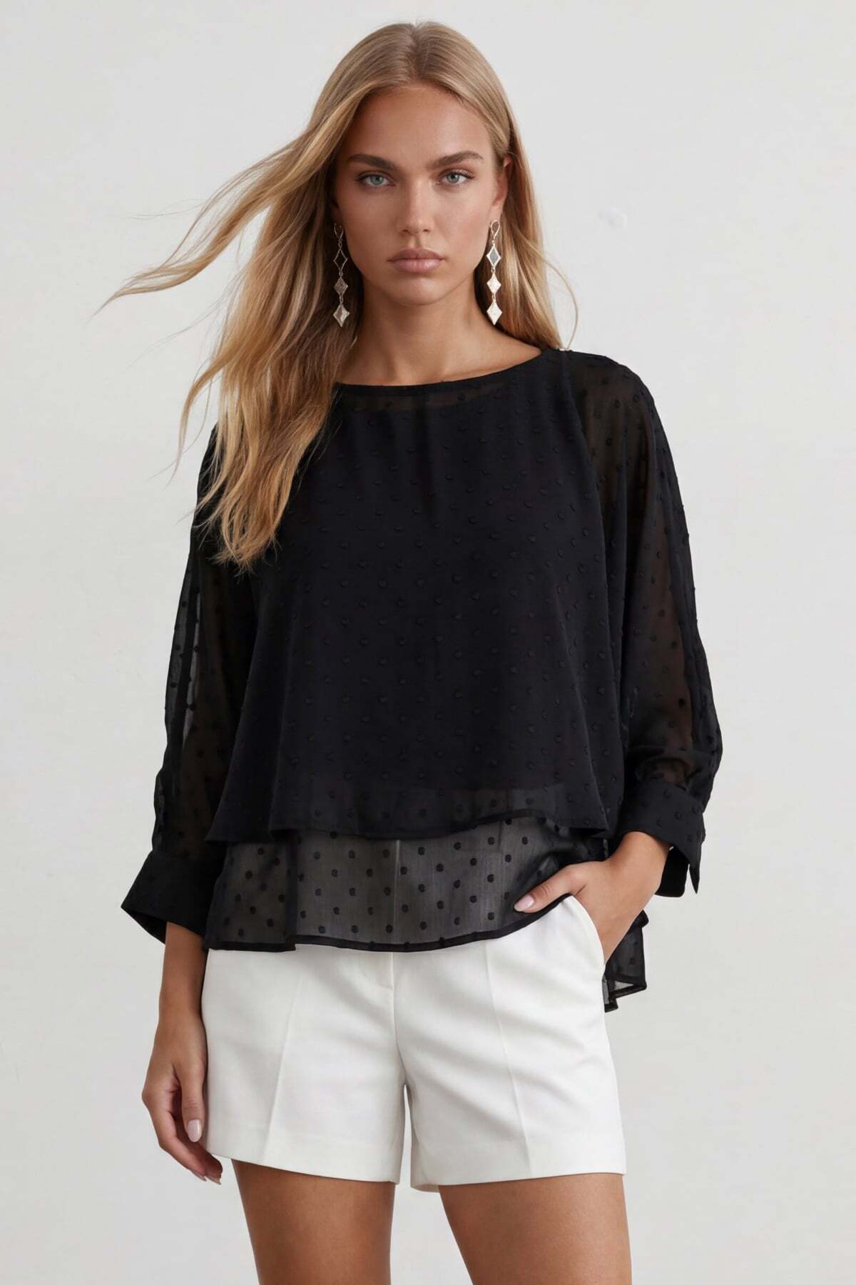 Women's Black Boat Neck Cloak Cropped Chiffon Blouse withCuffAlc-X15529