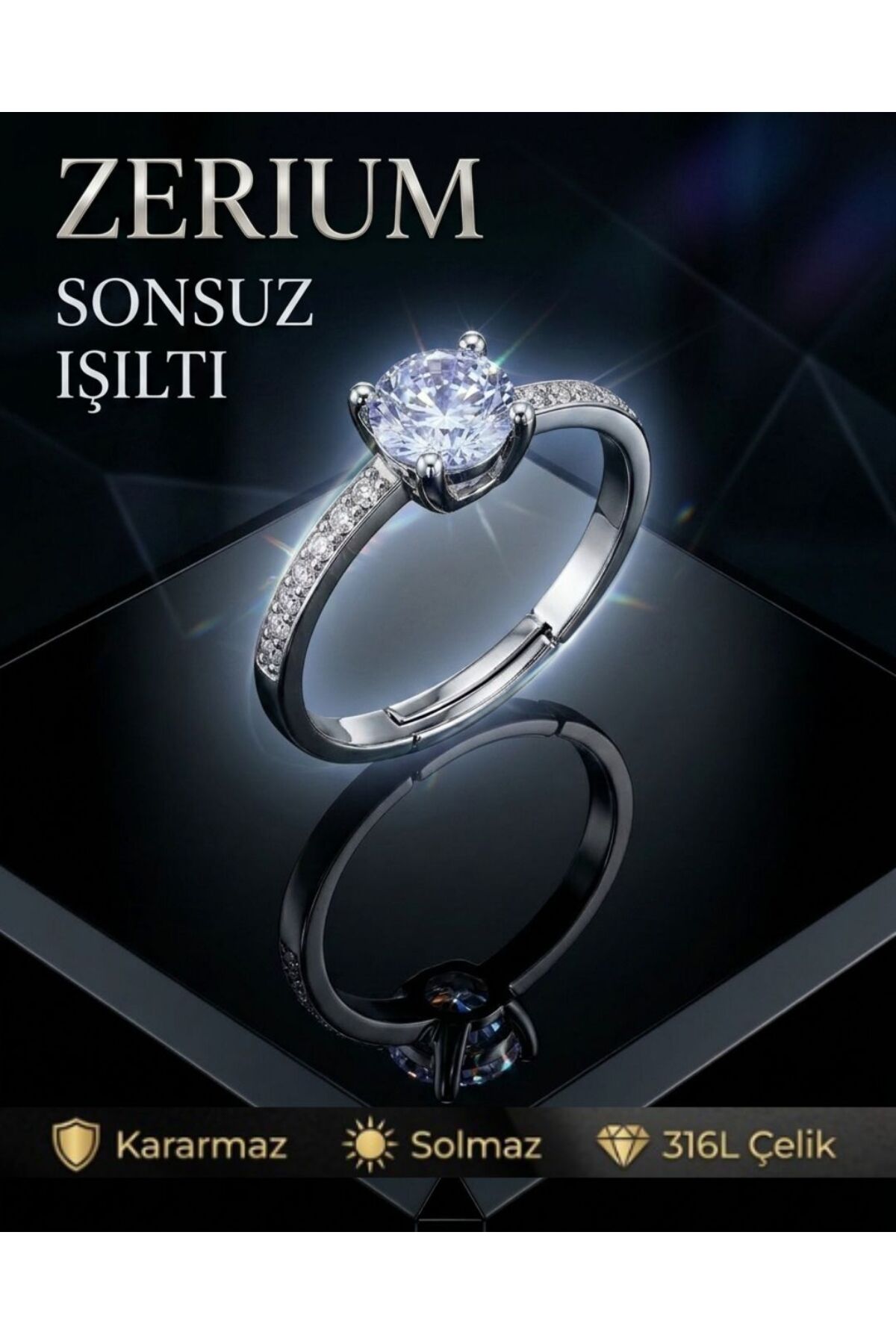 Adjustable Women's Steel Solitaire Ring Silver Color Ice Blue Stone