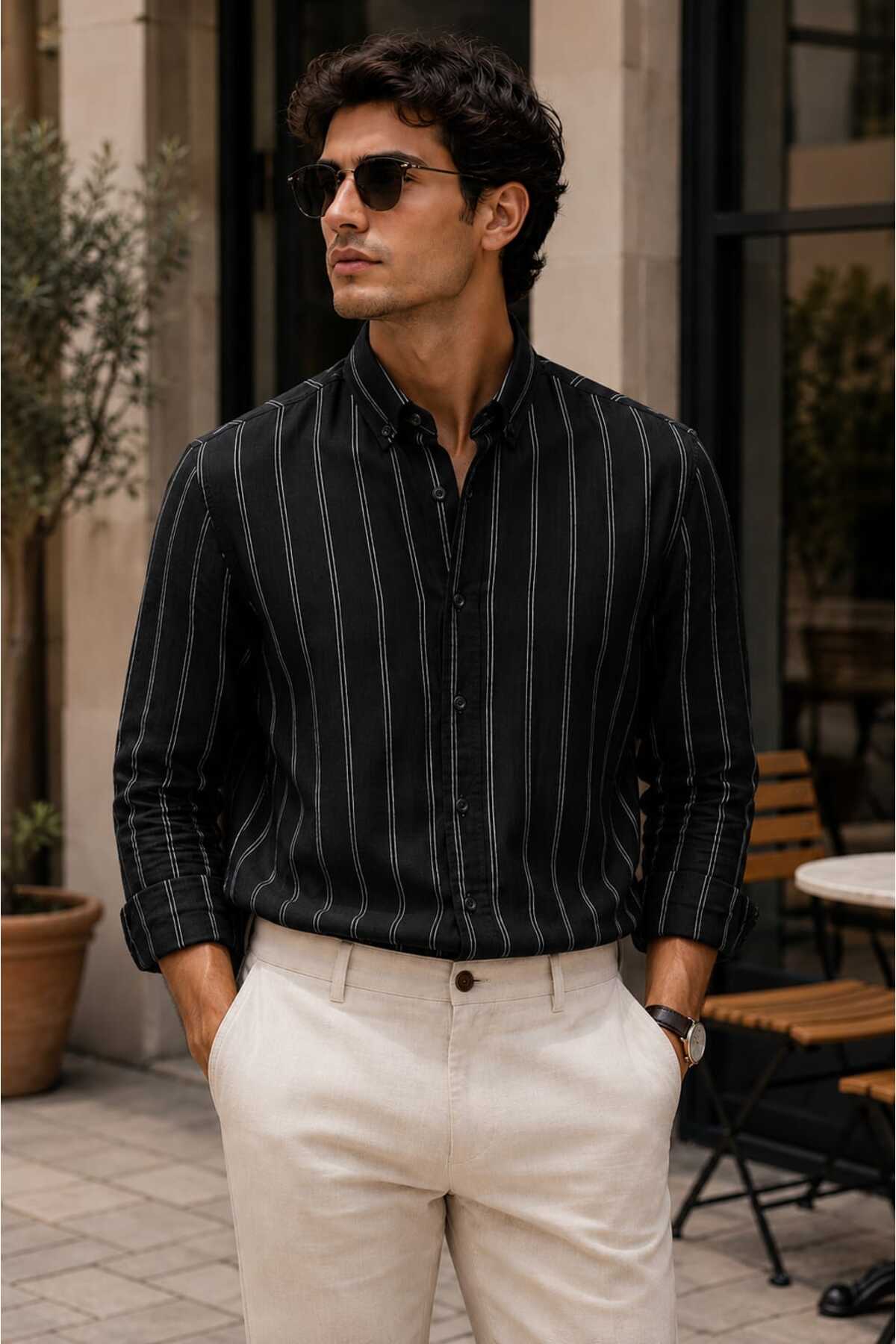 no4 style ERKEK ÇİZGİLİ DOKULU YAZLIK ERKEK GÖMLEĞİ görsel 3