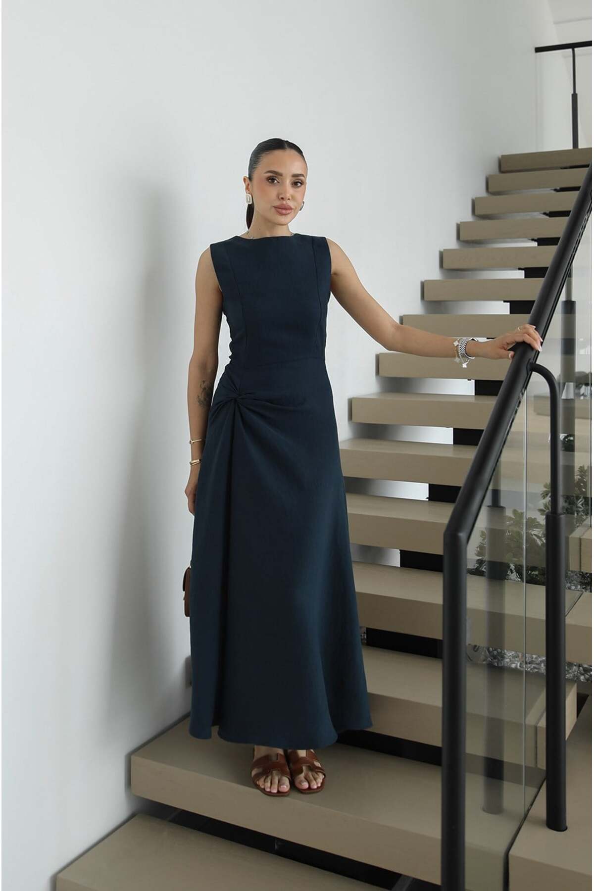 Navy Blue Knot Detailed Zero Sleeve Dress