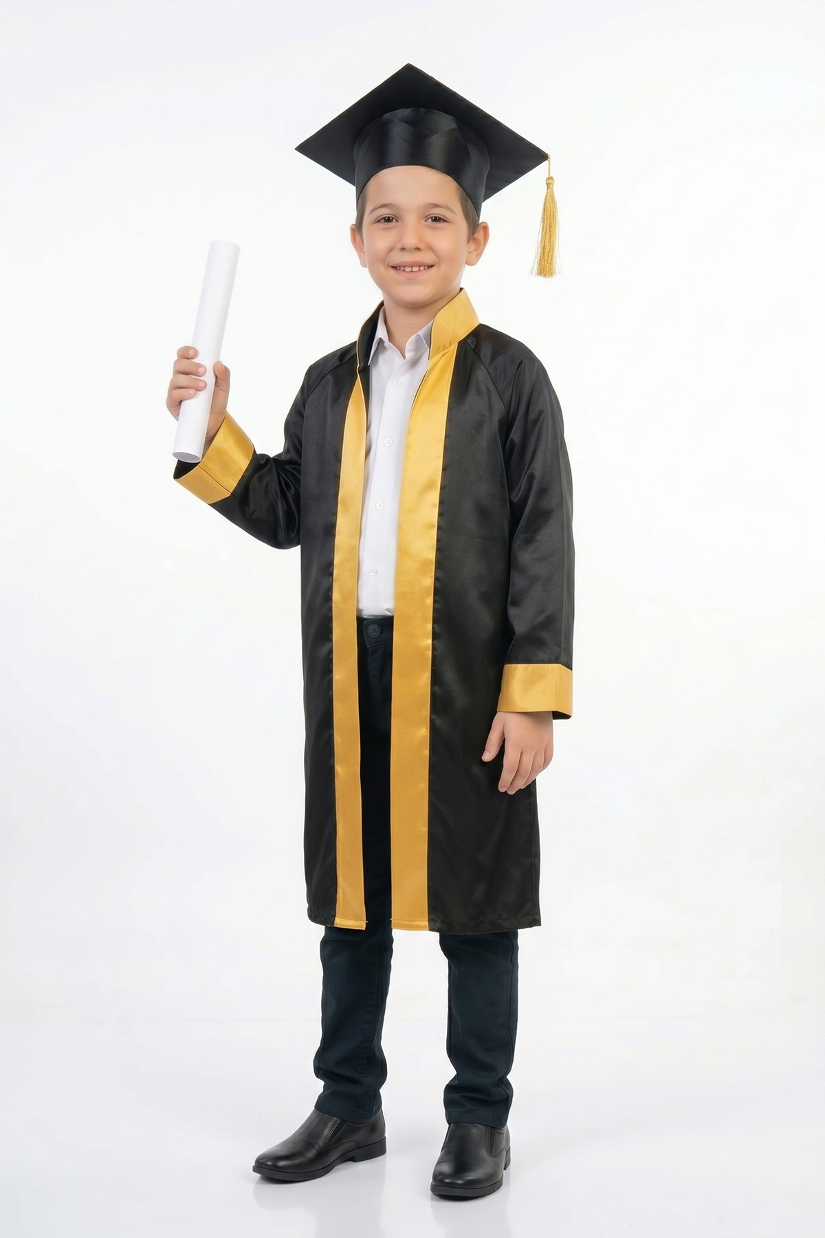 Children's Primary School Gold Striped Black Graduation Robe and Cap Set
