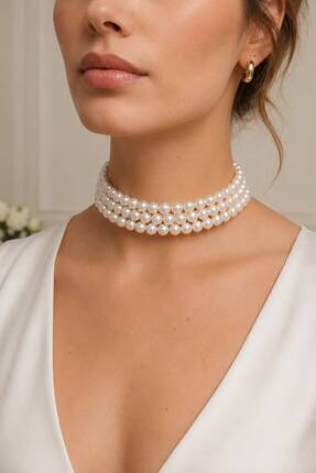 Arescollection 3 SIRA LÜX PARLAK CHOKER İNCİ KOLYE GÜMÜŞ RENK KLİPSLİ
