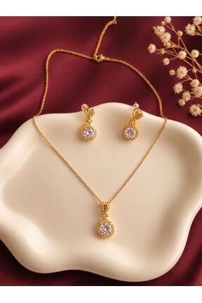 FİLORA Çelik Gold Zirkon Taşlı Küpe Kolye Set