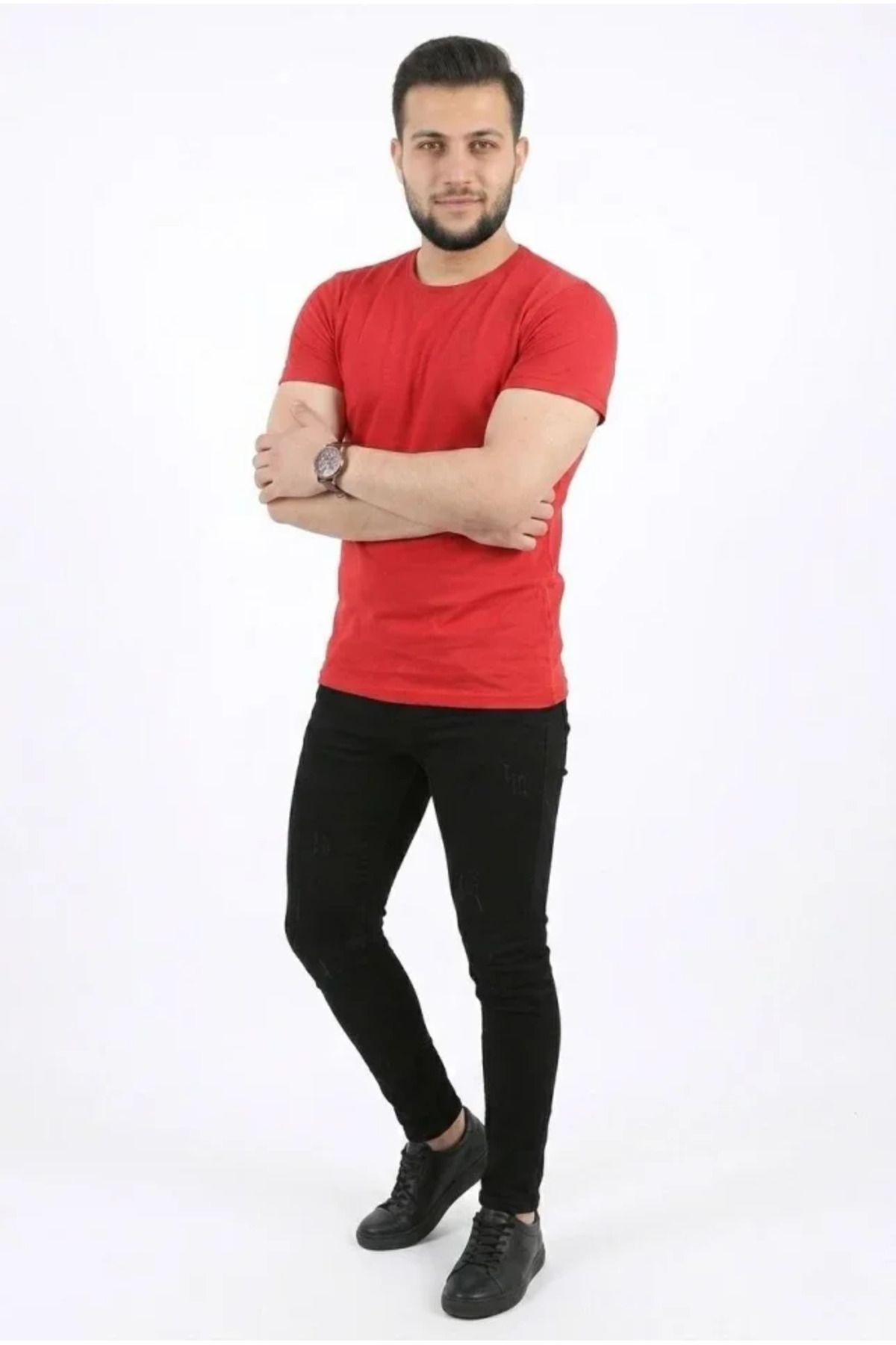 Erkek Basic Tişört Bisiklet Yaka Kısa Kol Günlük Yazlık Slim Fit T-Shirt - Kırmızı alternatif görünüm
