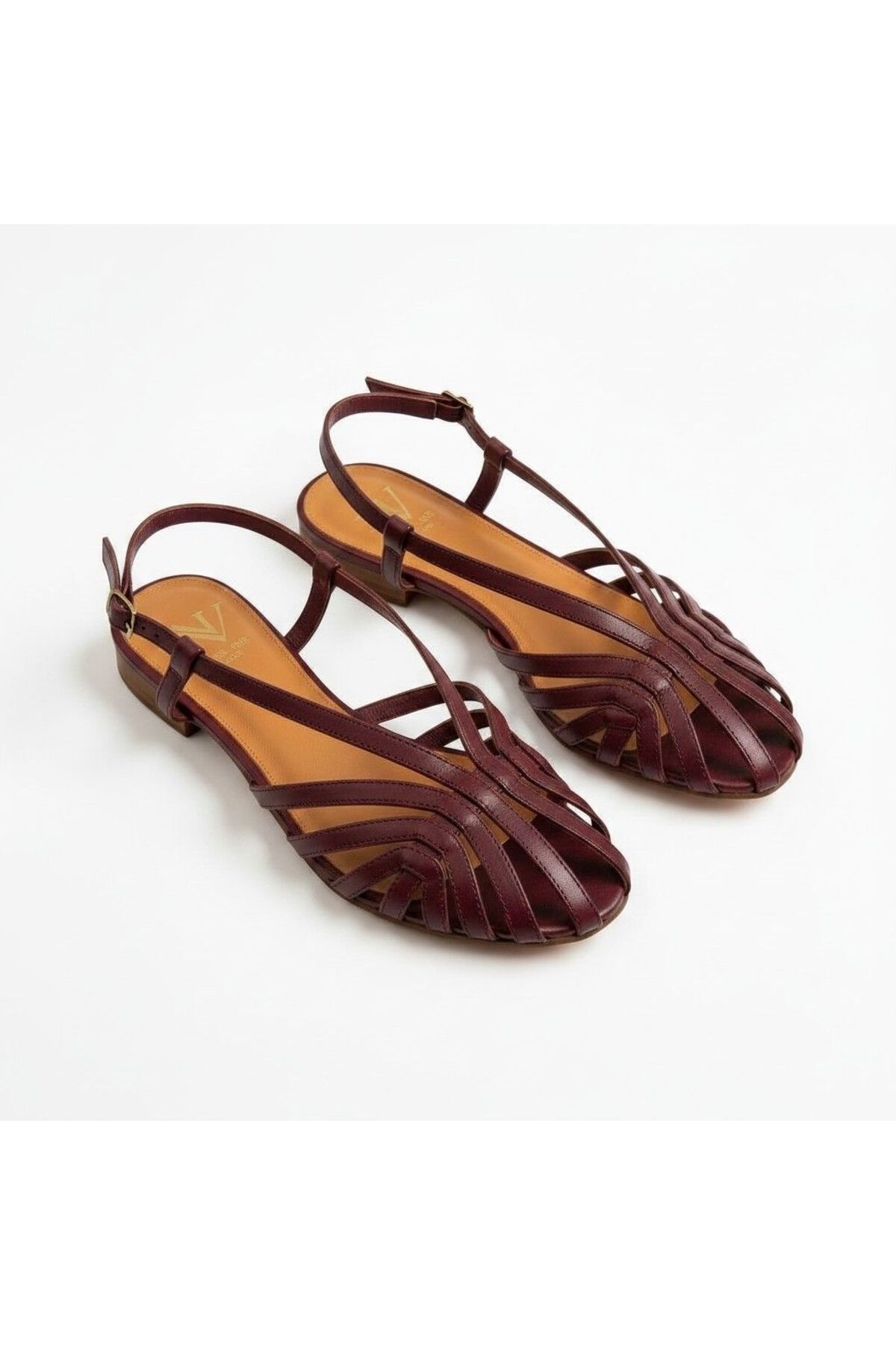NE&VE SHOES Bordo Deri Biye Kadın Günlük Sandalet