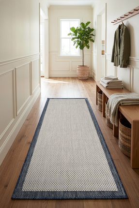 Koza Halı Fresco Ekru Lacivert Yıkanabilir Modern Antre Halı Kilim Yolluk 23745Y