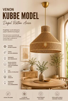 Venon KUBBE MODEL ✨ Doğal Rattan Avize Hasır Avize Tekli Sarkıt Avize Doğal A...