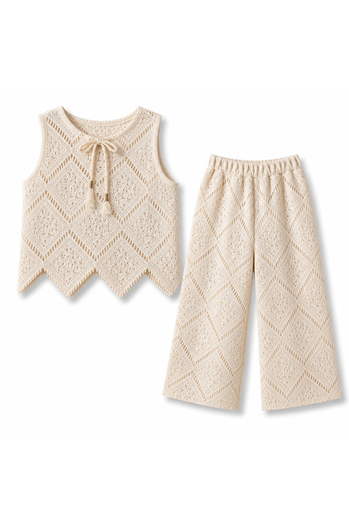 KÜÇÜK TERZİ Girl's Soft Textured Openwork Knitwear Set Crop Blouse (Unlined) Pants (Lined) Set Age 2-5 Years