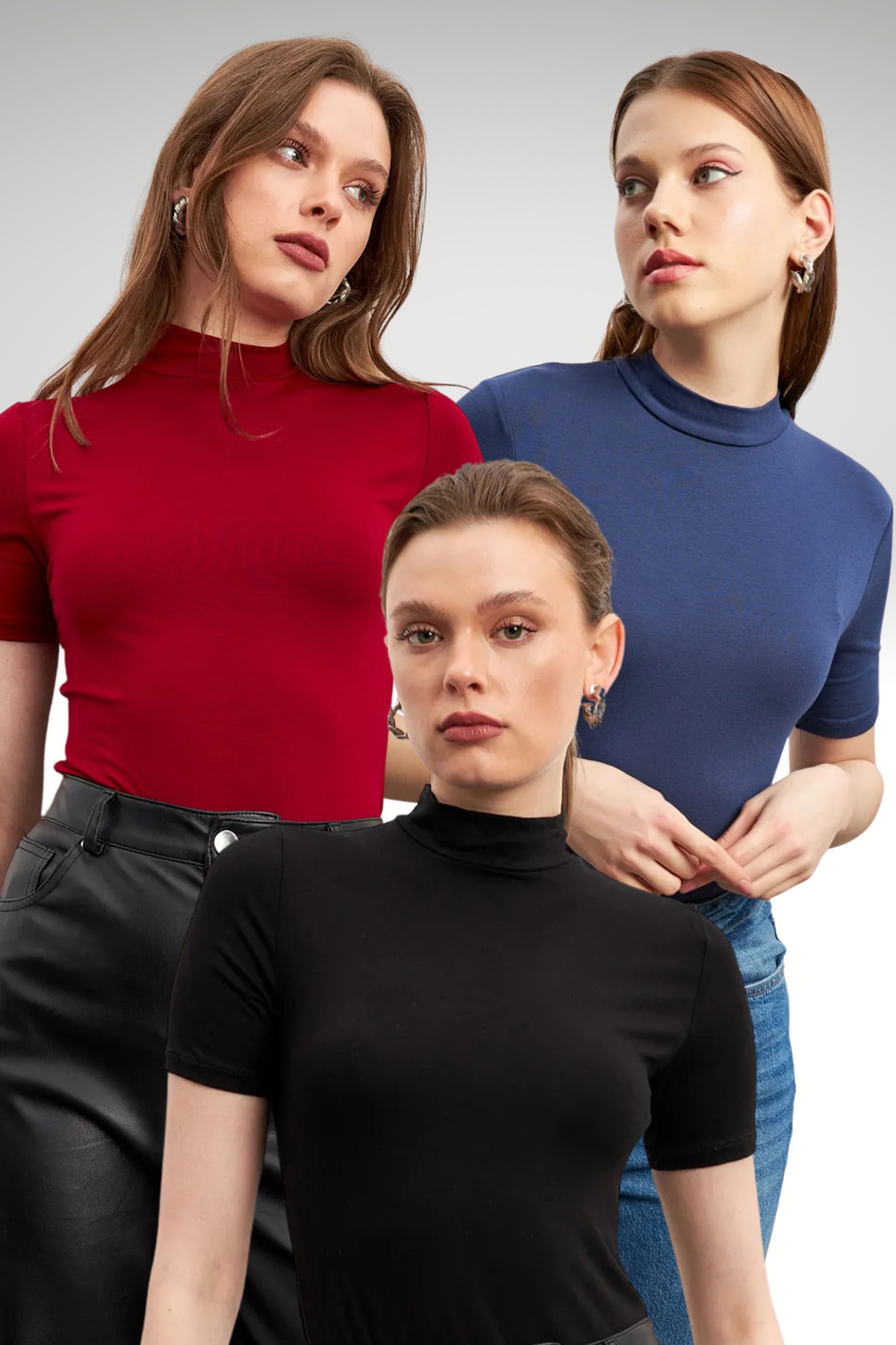 Women's 3-Pack Black Navy Blue Claret Red Short Sleeve Blouse