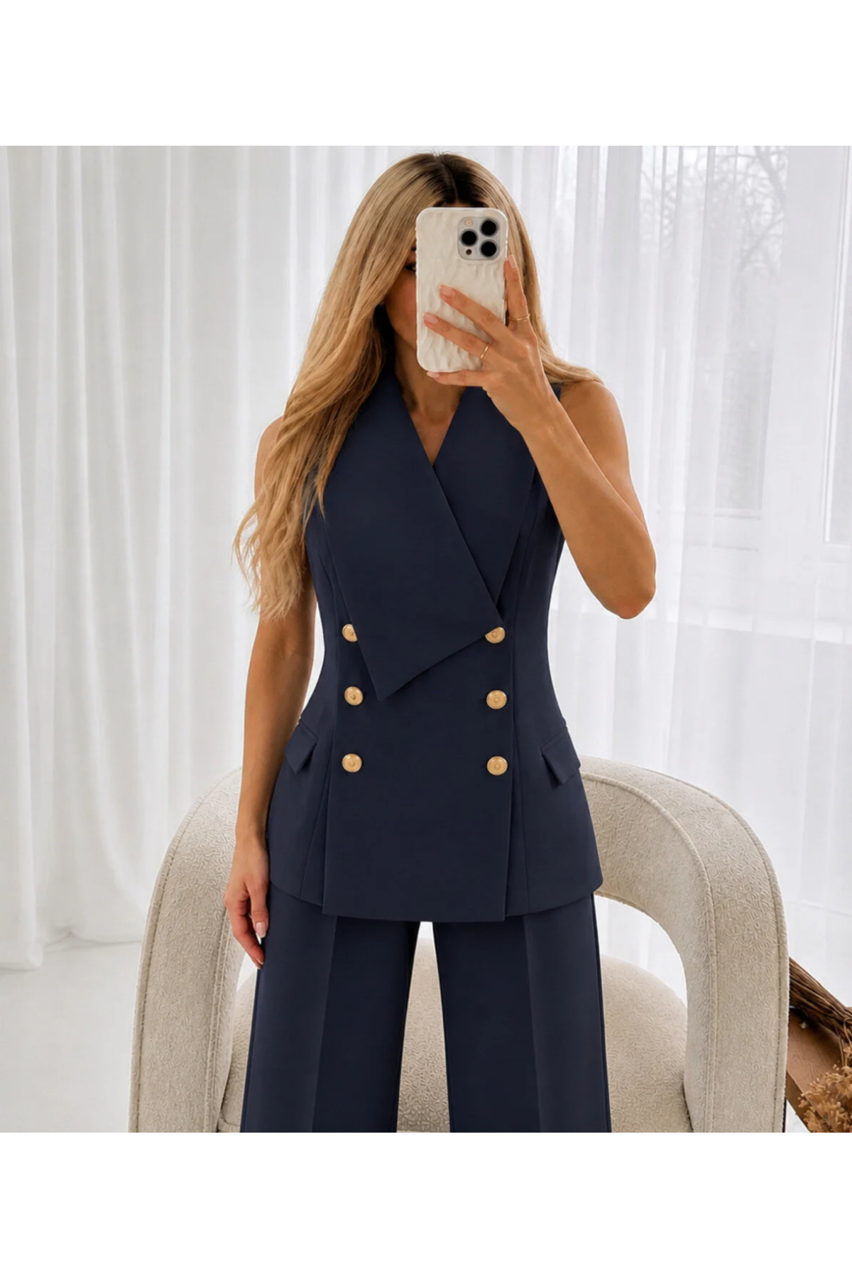 Wrap Collar Gold Buttoned Vest Pants Blazer Set