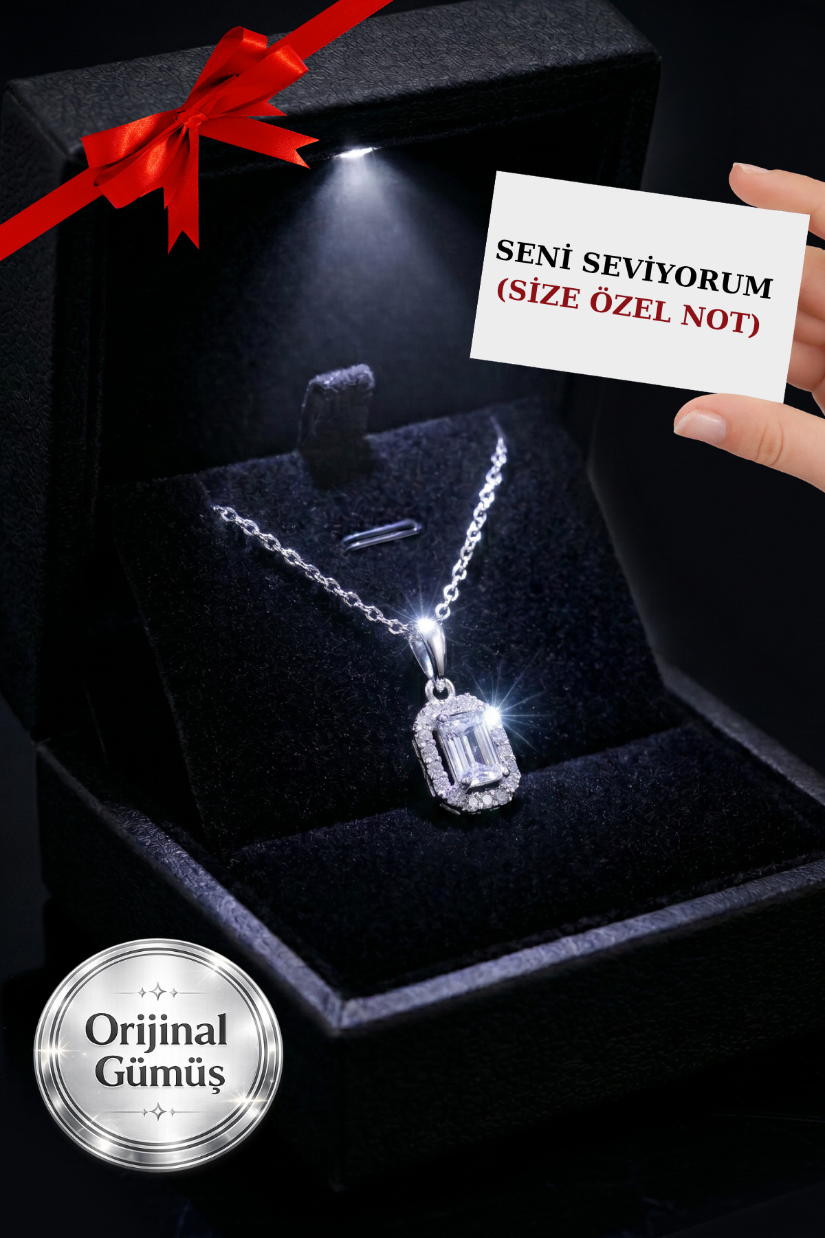 CARAT STONE 925 AYAR GERÇEK GÜMÜŞ BAGET KADIN KOLYE , IŞIKLI KUTUDA