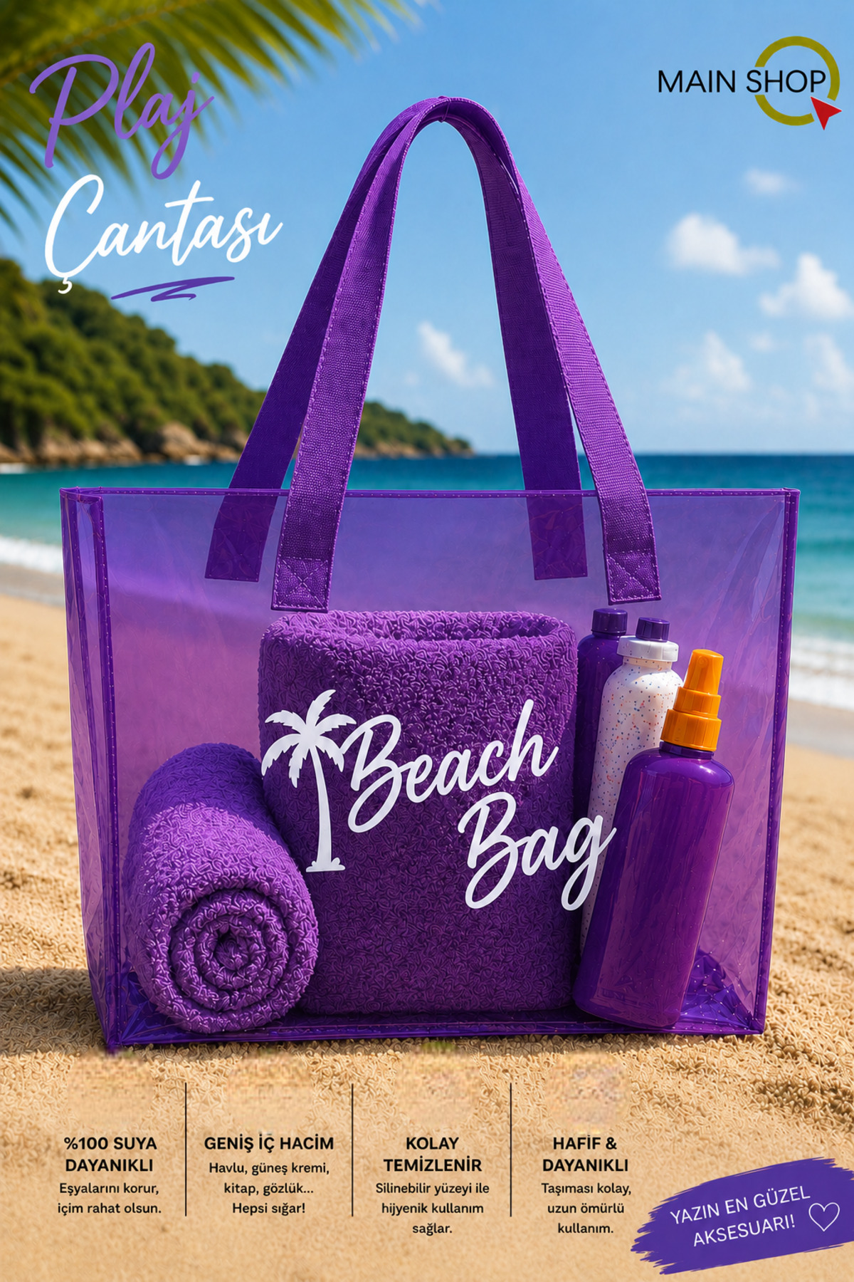 MAİN SHOP Büyük Boy Beach Bag Mor Şeffaf Deniz Plaj Çantası M-PLJ02 görsel 2